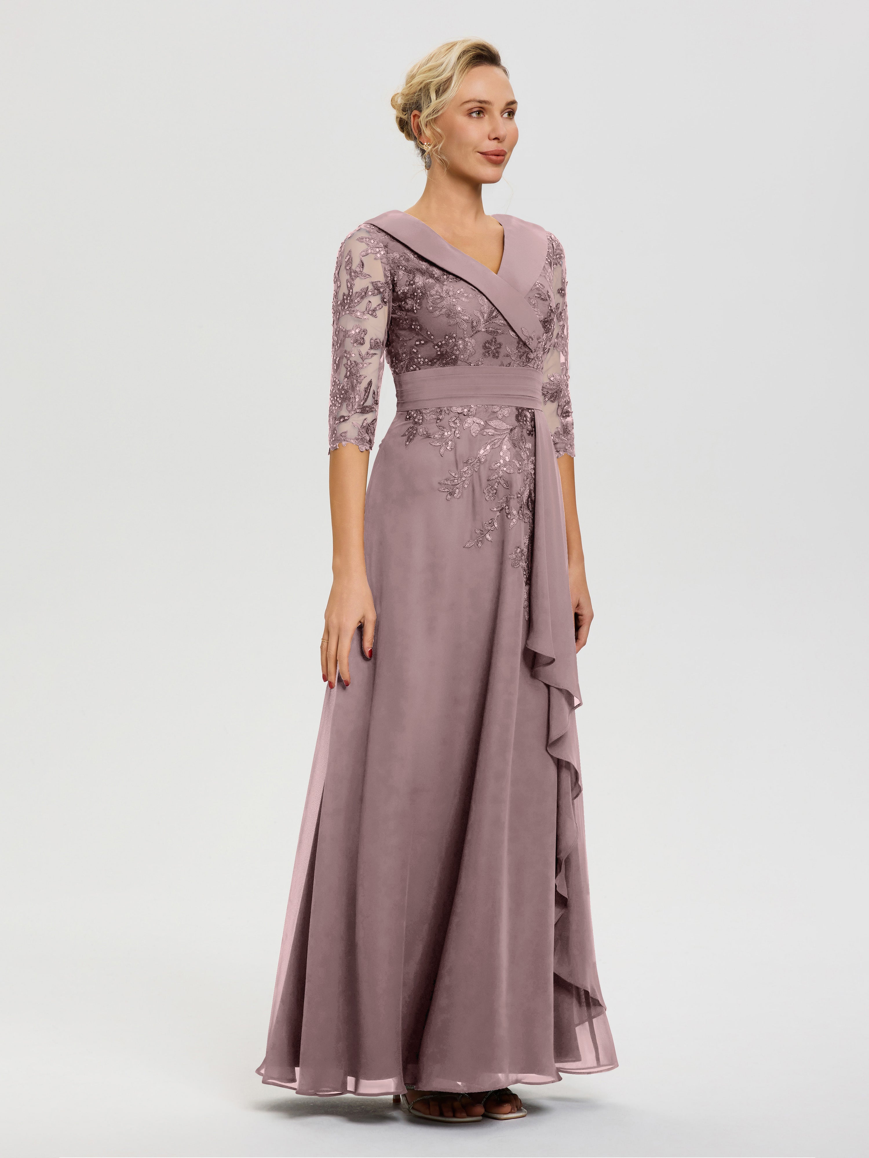 Robe Cérémonie Mariage Mère Du Marié Vintage Mauve Col V Mousseline&Dentelle Robe Cérémonie Mère De La Mariée