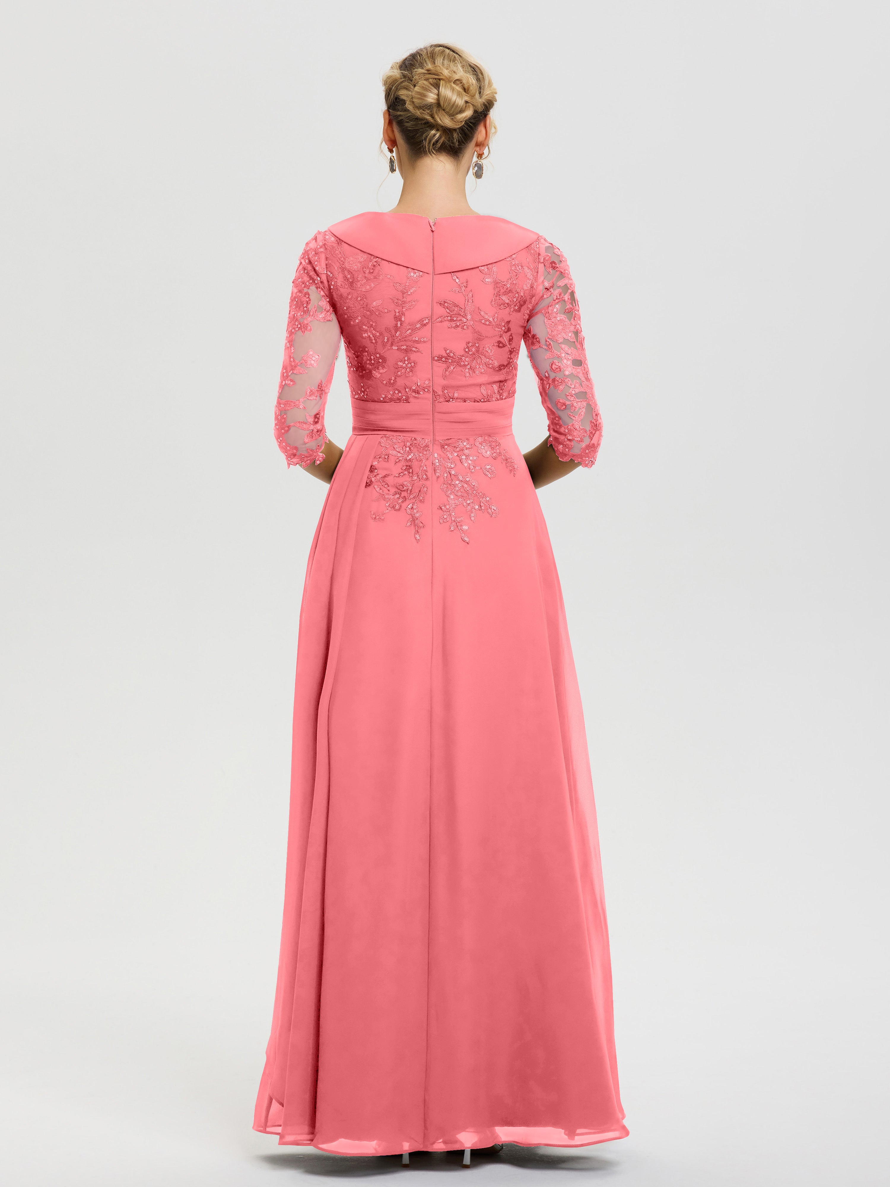 Robe Cérémonie Mère De La Mariée Pastèque Col V Mousseline&Dentelle Robe Cérémonie Mère De La Mariée