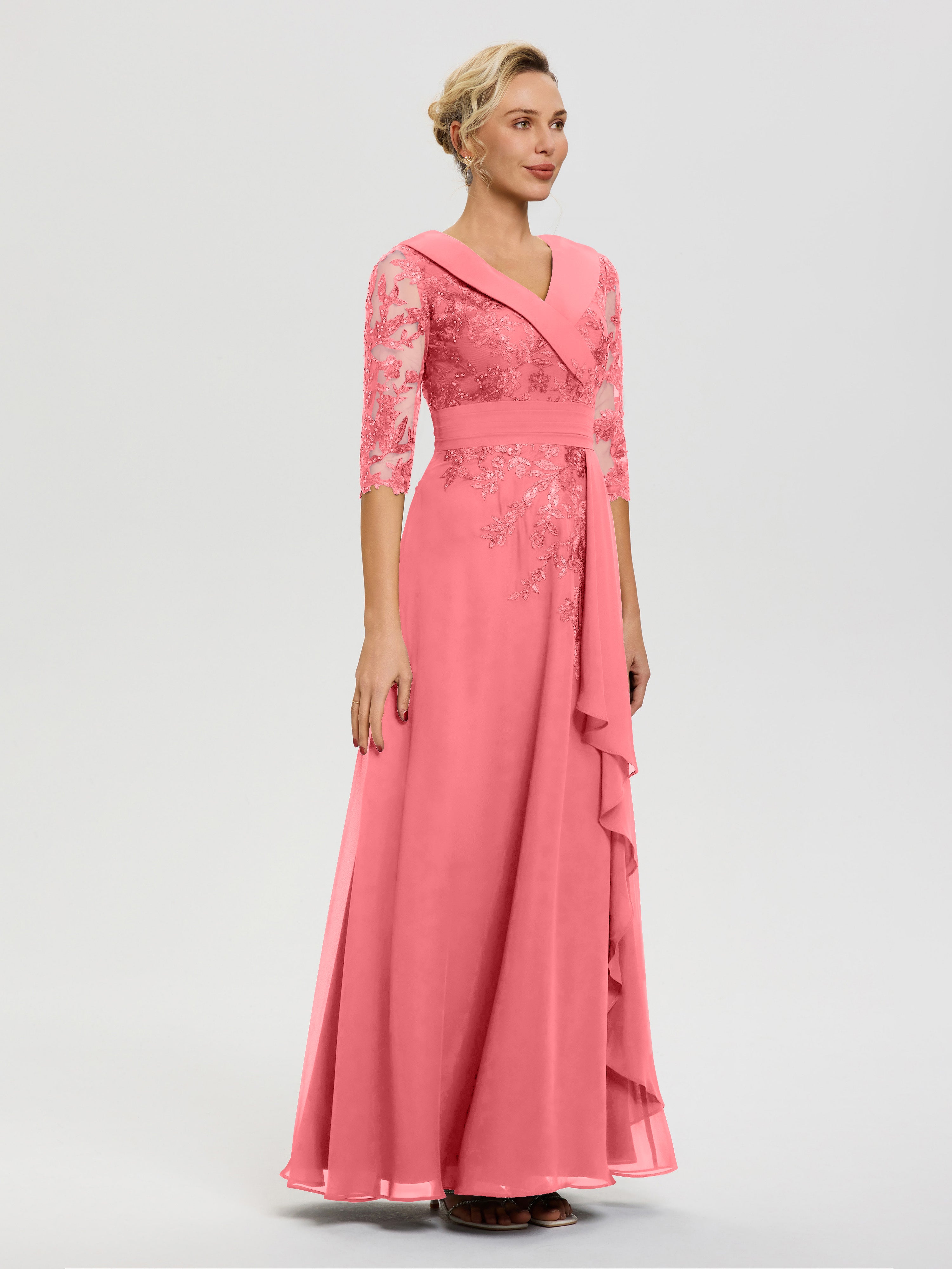 Robe Cérémonie Mère De La Mariée Pastèque Col V Mousseline&Dentelle Robe Cérémonie Mère De La Mariée