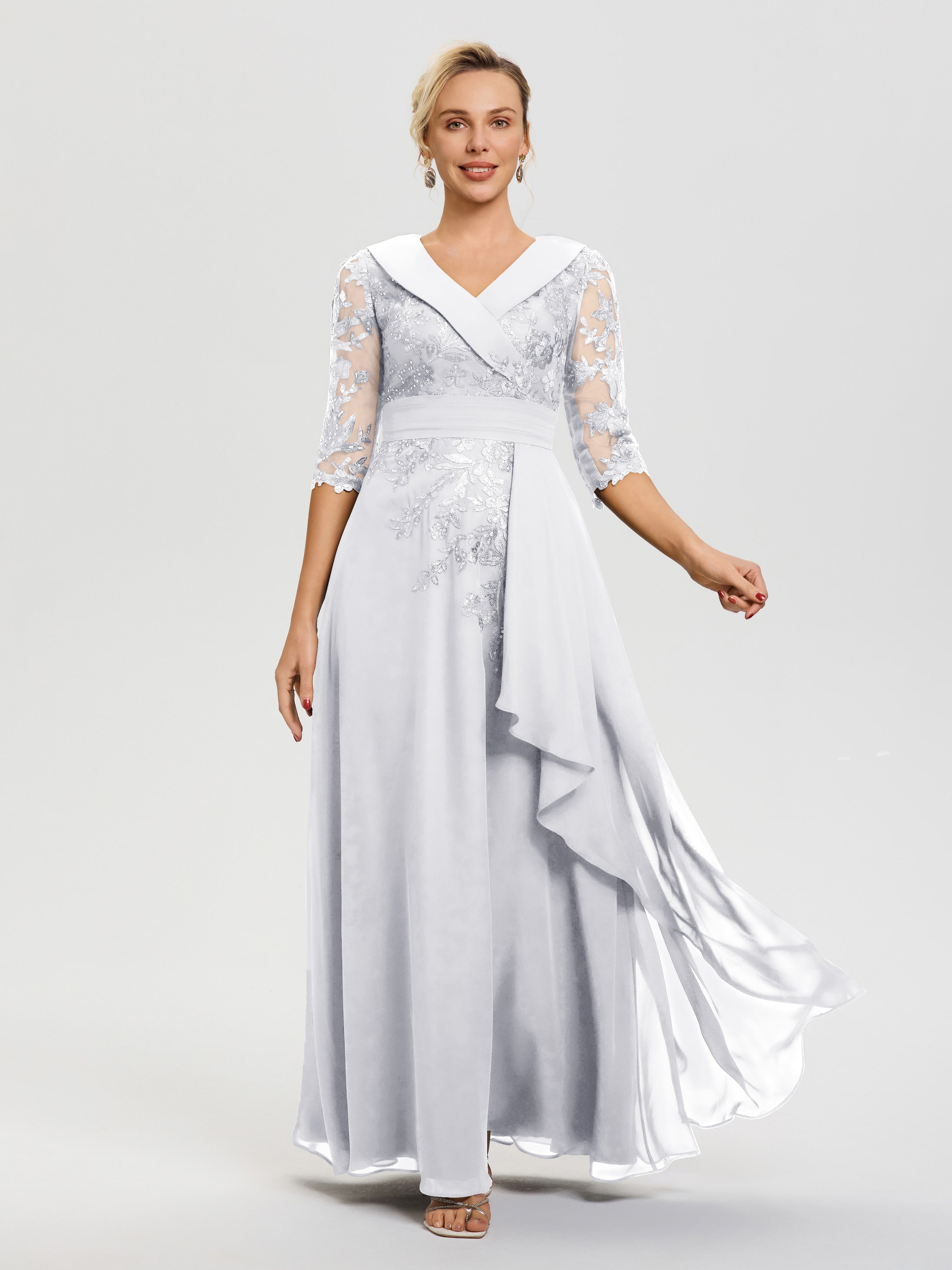 Robe Mère De La Mariée Blanc Col V Mousseline&Dentelle Robe Cérémonie Mère De La Mariée