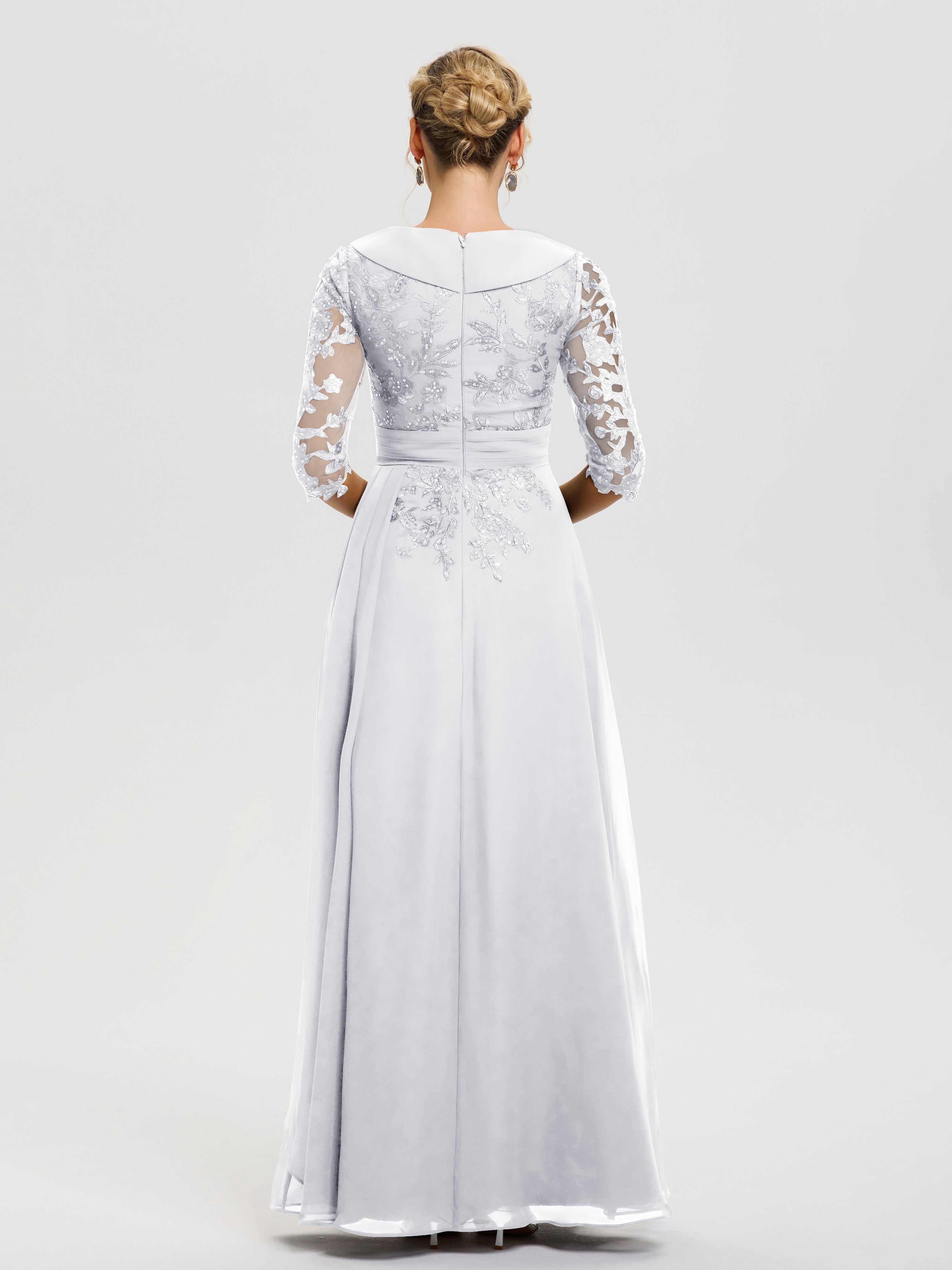 Robe Mère De La Mariée Blanc Col V Mousseline&Dentelle Robe Cérémonie Mère De La Mariée