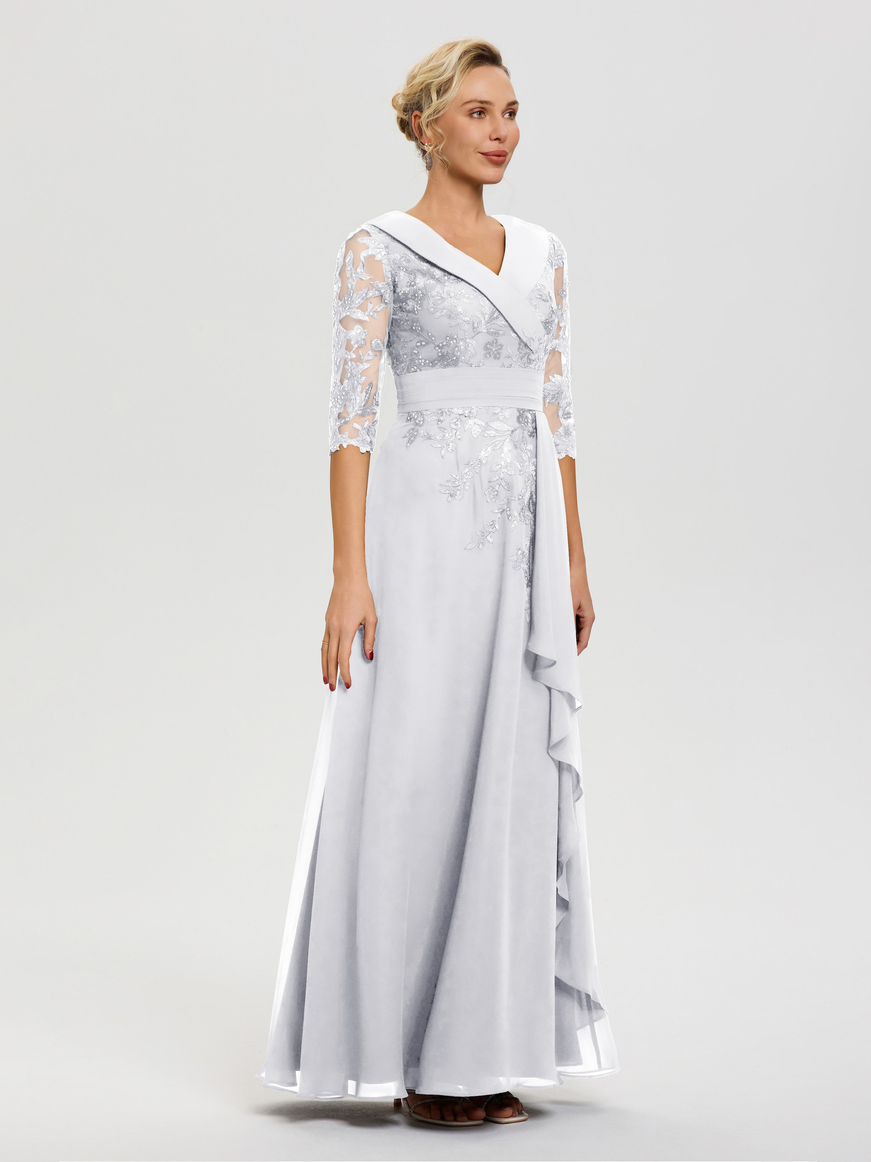 Robe Mère De La Mariée Blanc Col V Mousseline&Dentelle Robe Cérémonie Mère De La Mariée