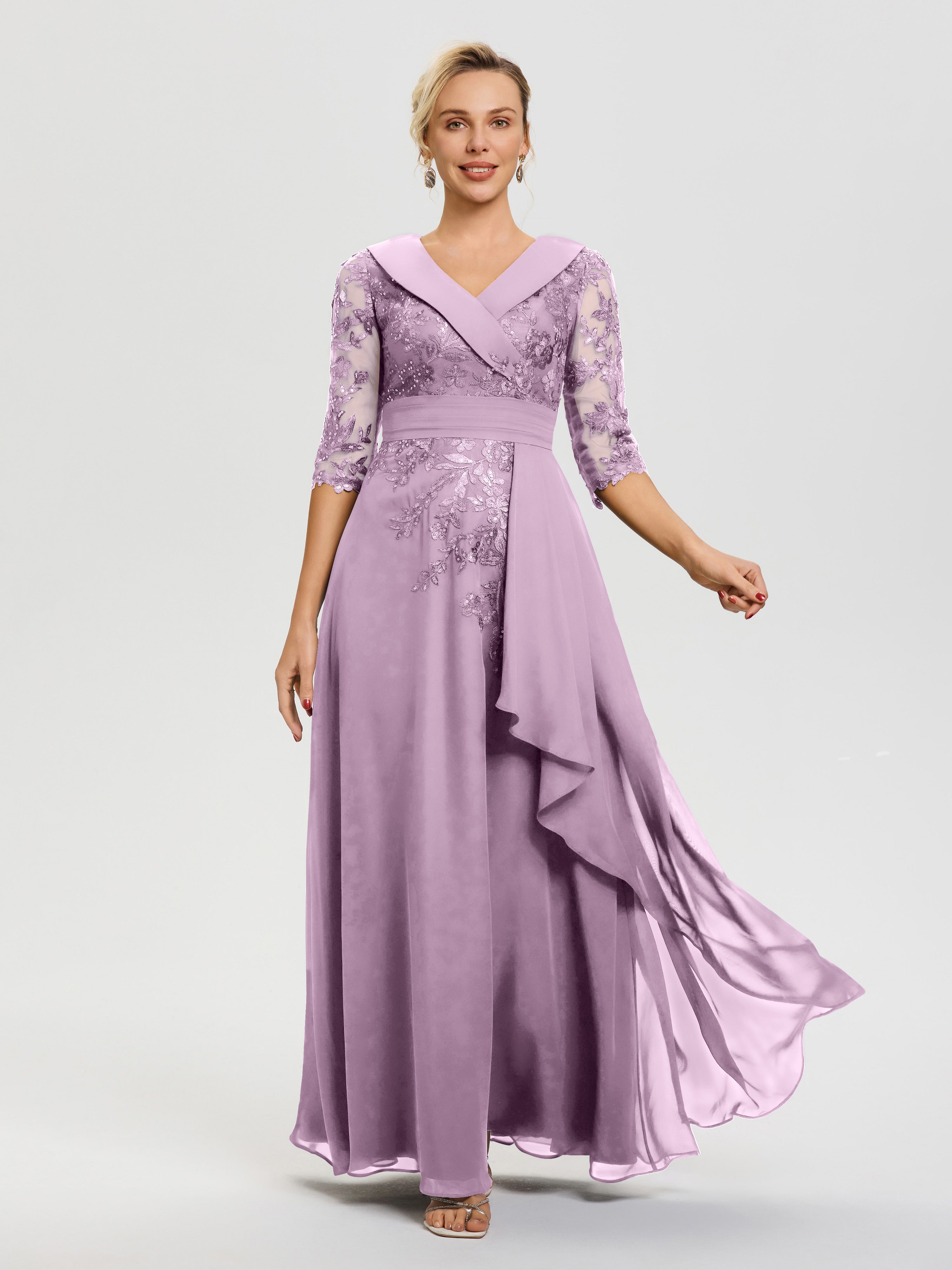 Robe Mère De La Mariée Glycine Col V Mousseline&Dentelle Robe Cérémonie Mère De La Mariée