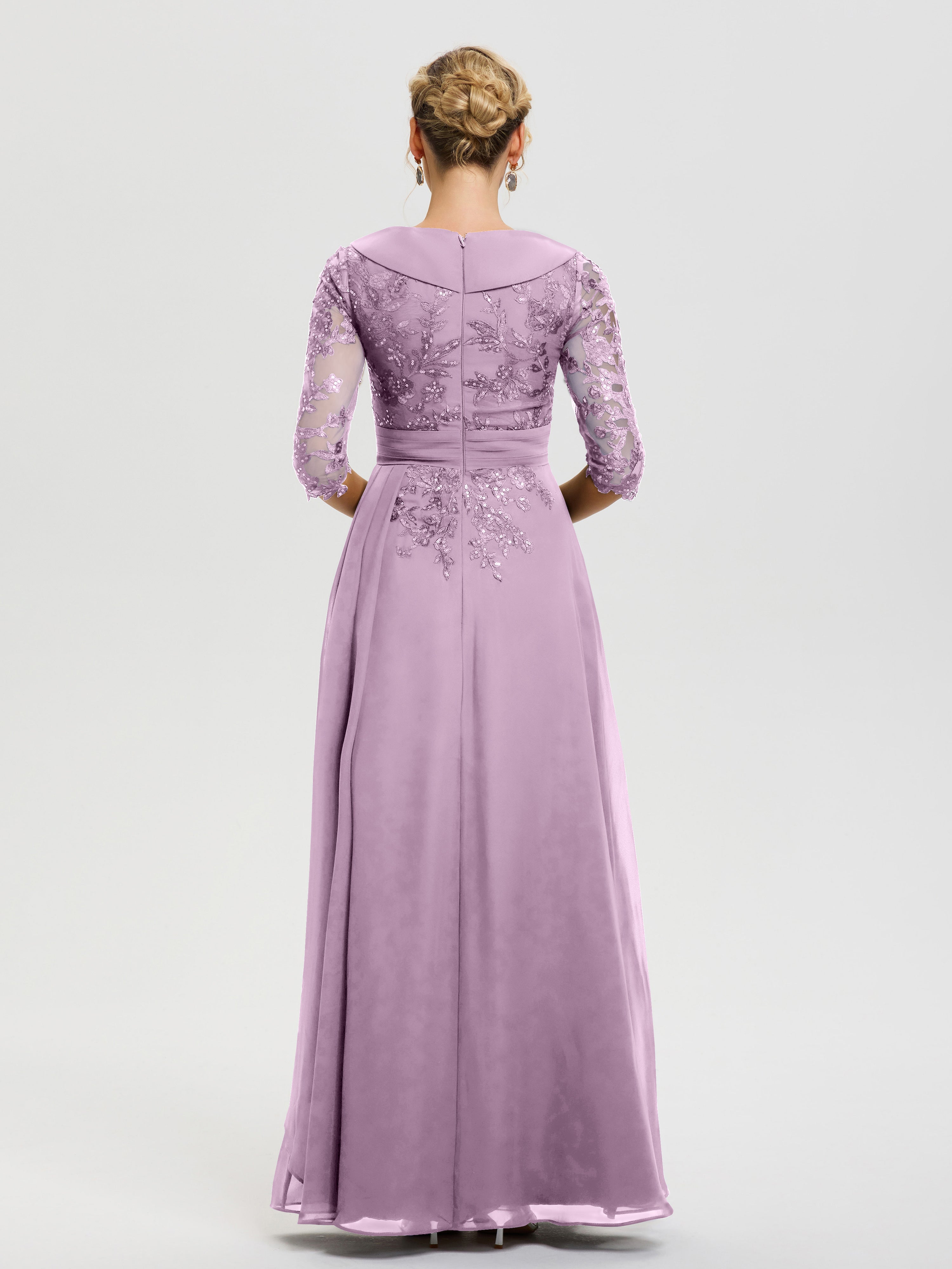 Robe Mère De La Mariée Glycine Col V Mousseline&Dentelle Robe Cérémonie Mère De La Mariée