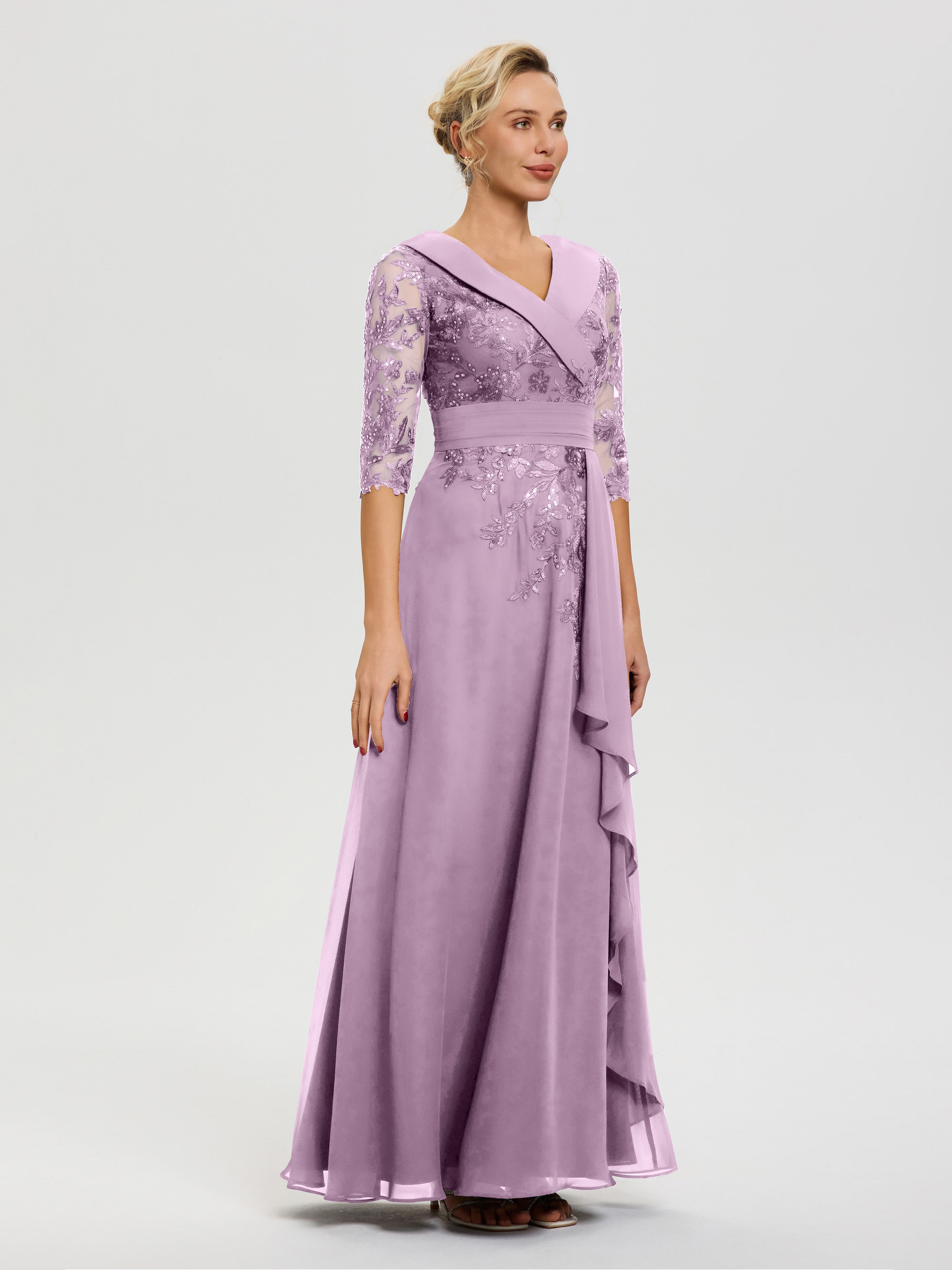 Robe Mère De La Mariée Glycine Col V Mousseline&Dentelle Robe Cérémonie Mère De La Mariée
