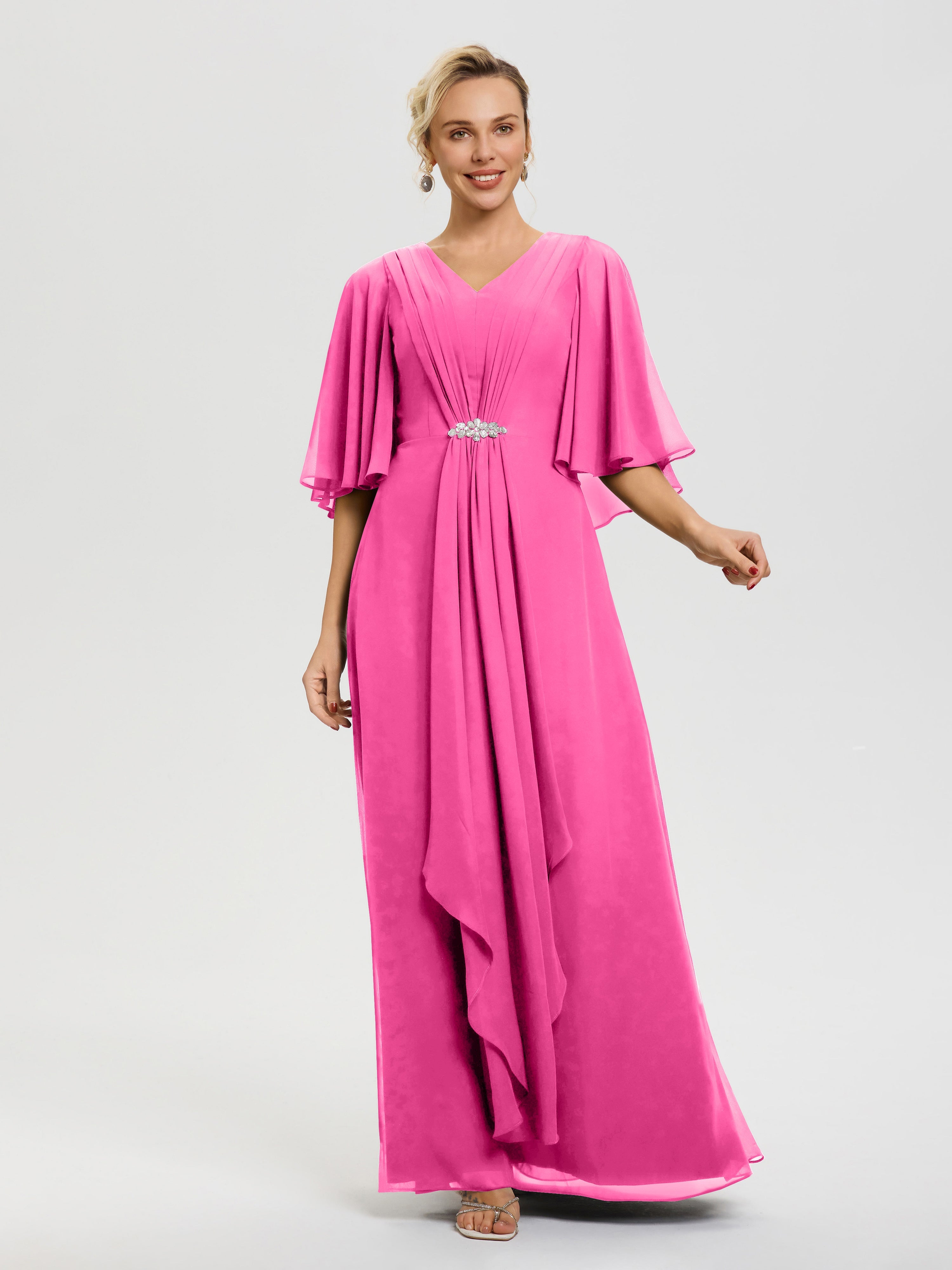 Robe Cérémonie Mariage Mère Du Marié Azalee Col-V-Mousseline-Demi-Manches-Robe-De-Mere-Du-Marie