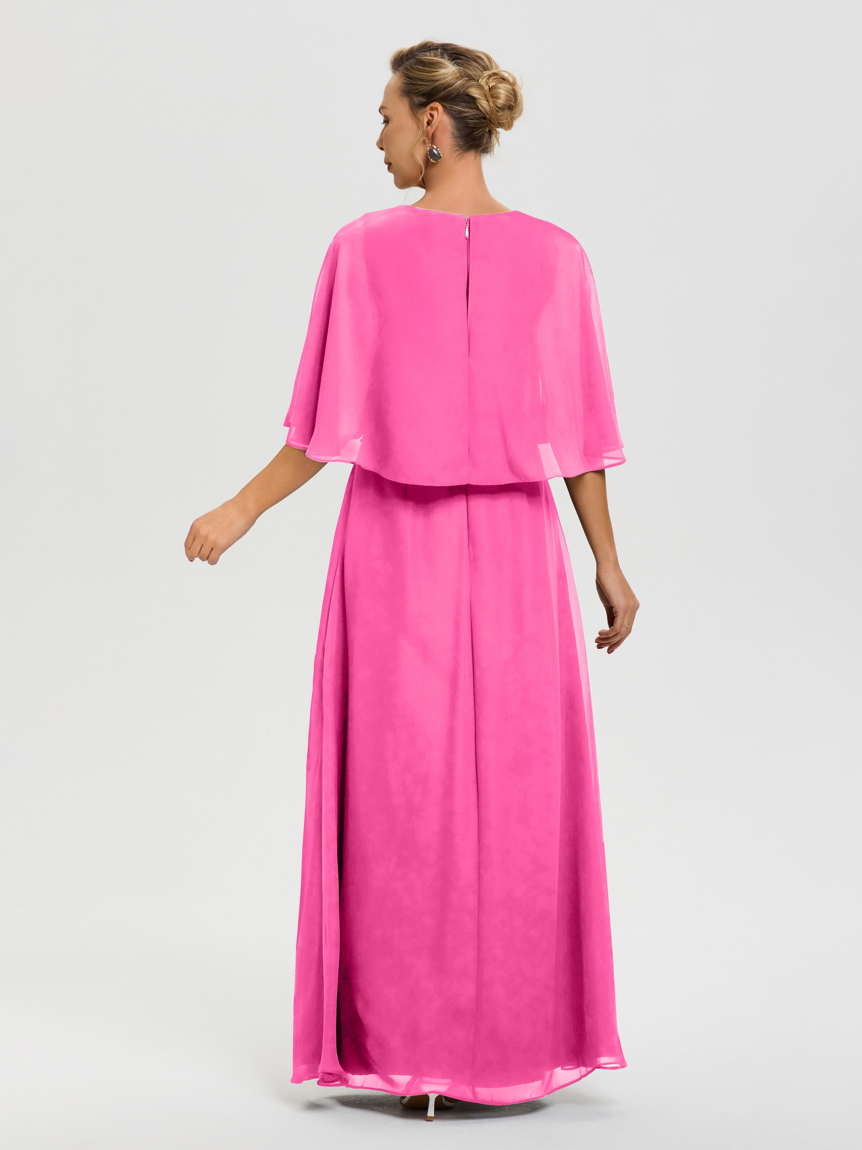 Robe Cérémonie Mariage Mère Du Marié Azalee Col-V-Mousseline-Demi-Manches-Robe-De-Mere-Du-Marie