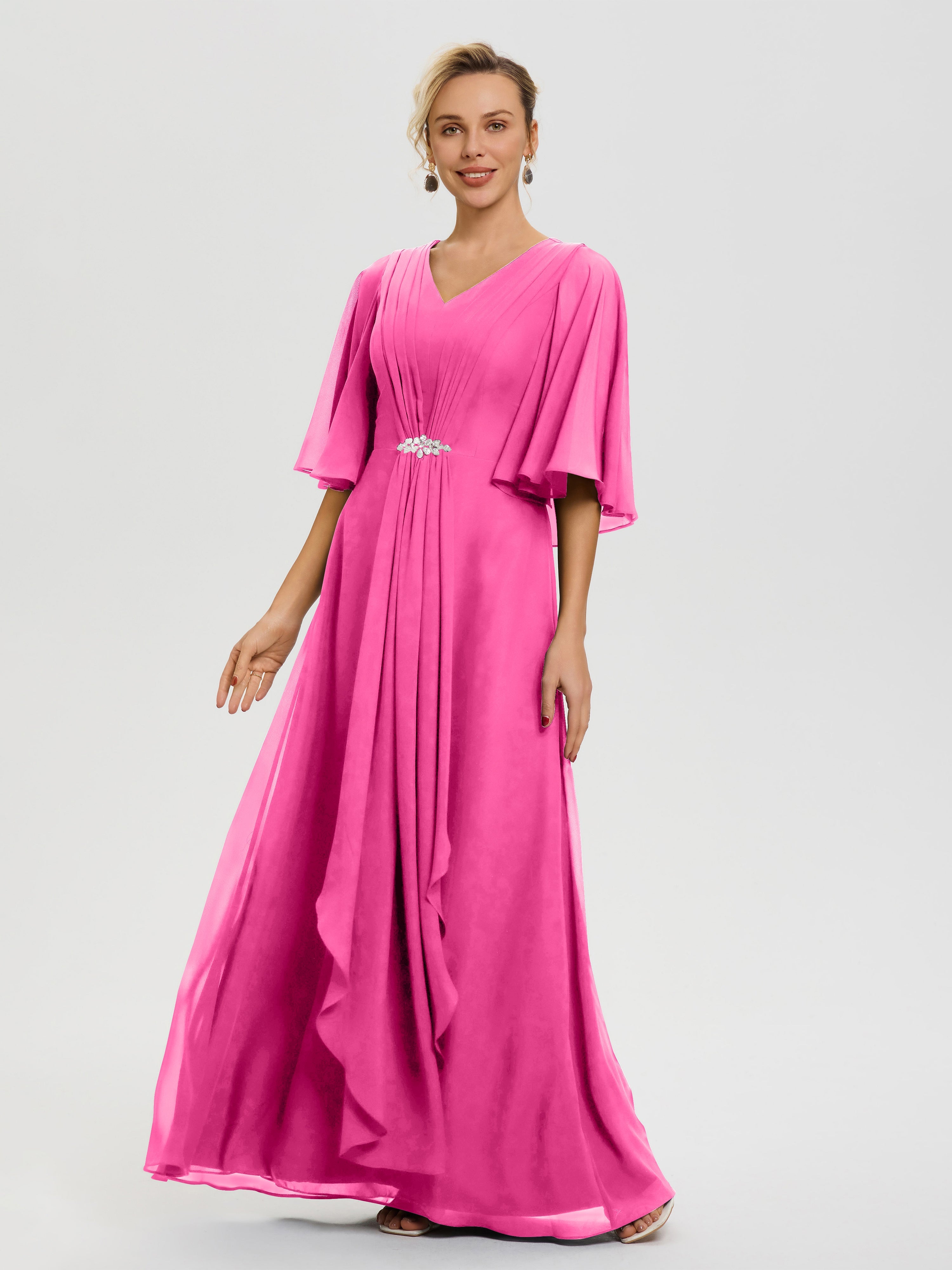 Robe Cérémonie Mariage Mère Du Marié Azalee Col-V-Mousseline-Demi-Manches-Robe-De-Mere-Du-Marie
