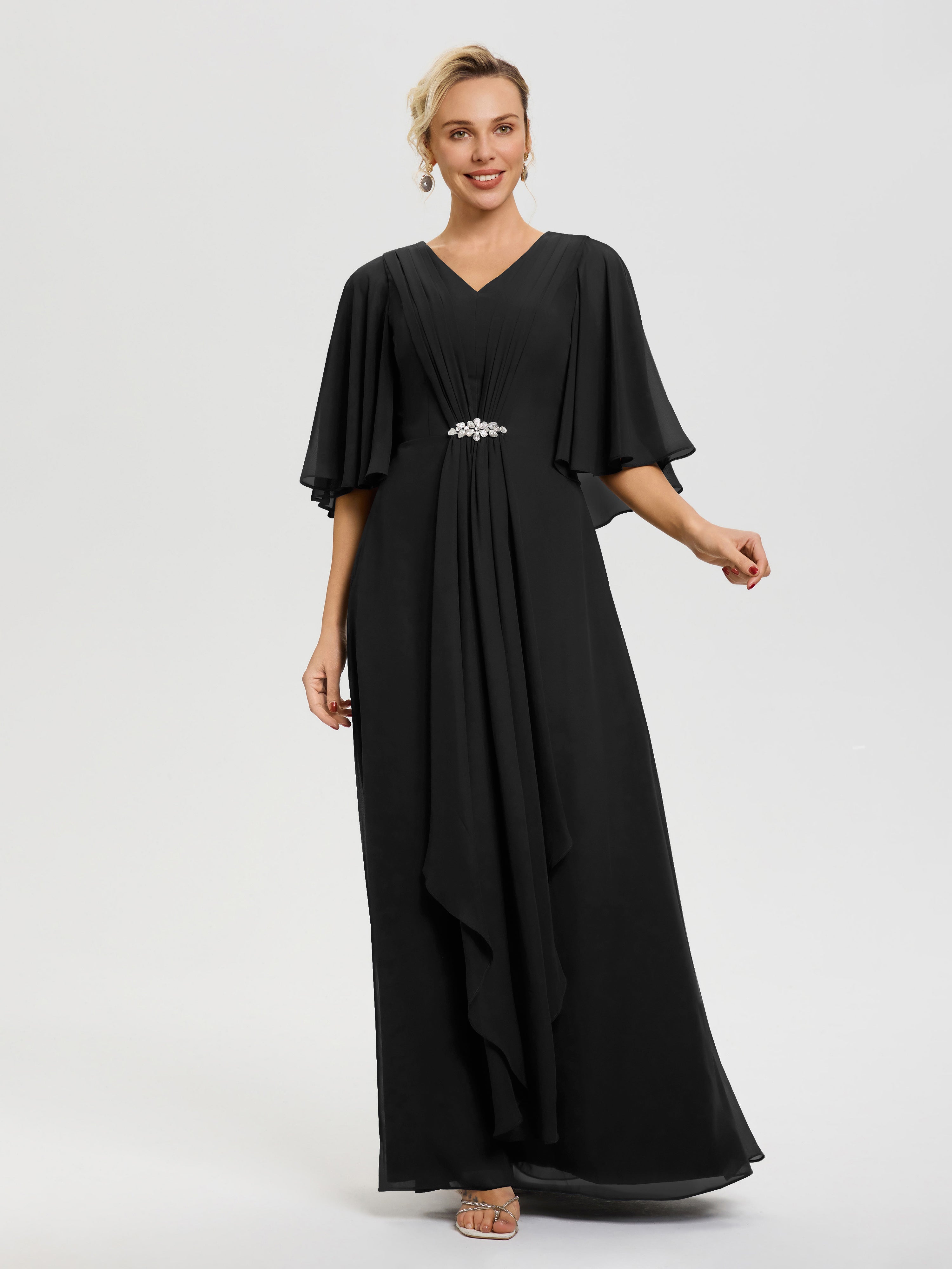 Robe Mariage Mère De La Mariée Noir Col V Mousseline Demi Manches Robe De Mère Du Marié