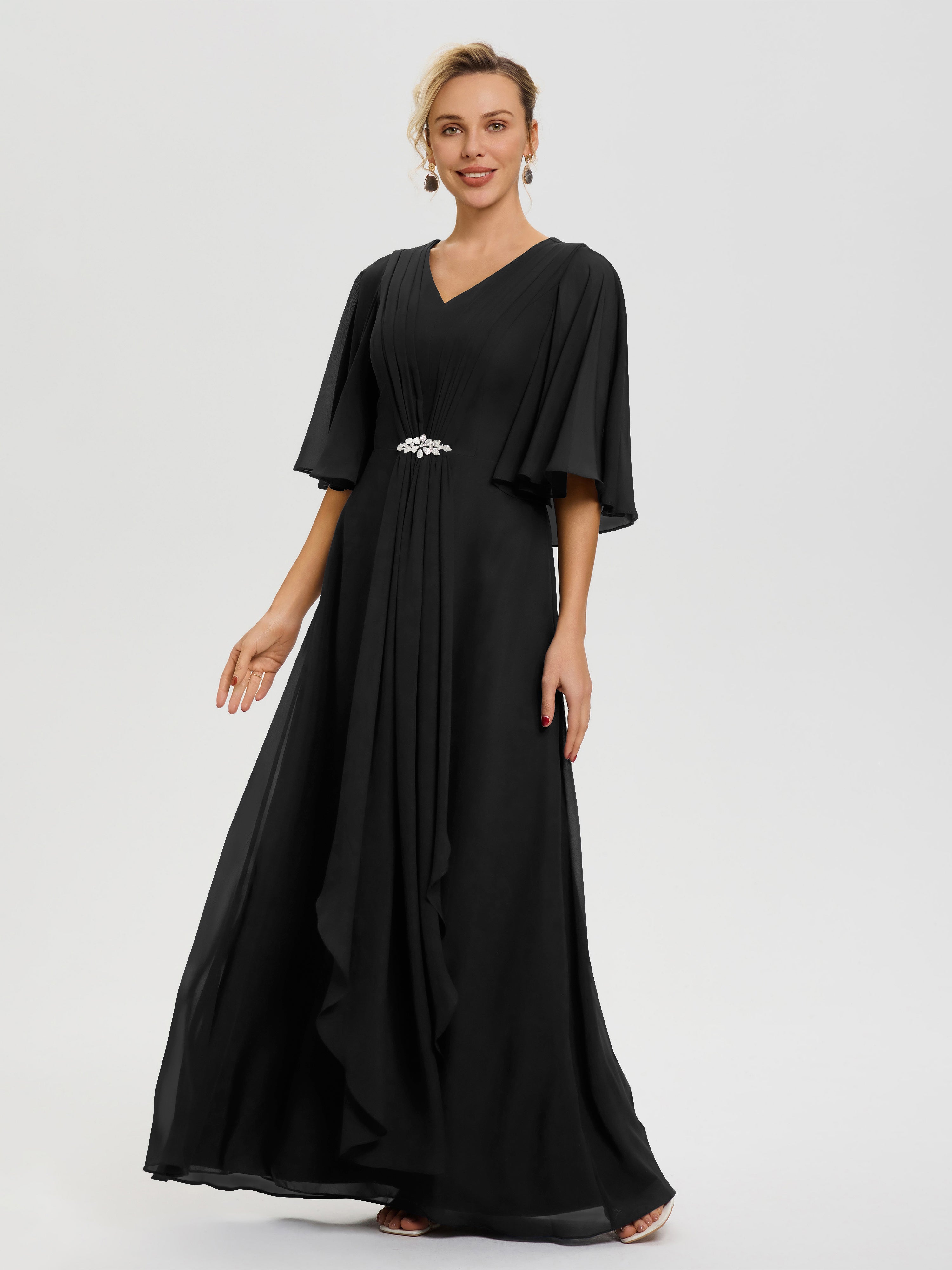 Robe Mariage Mère De La Mariée Noir Col V Mousseline Demi Manches Robe De Mère Du Marié