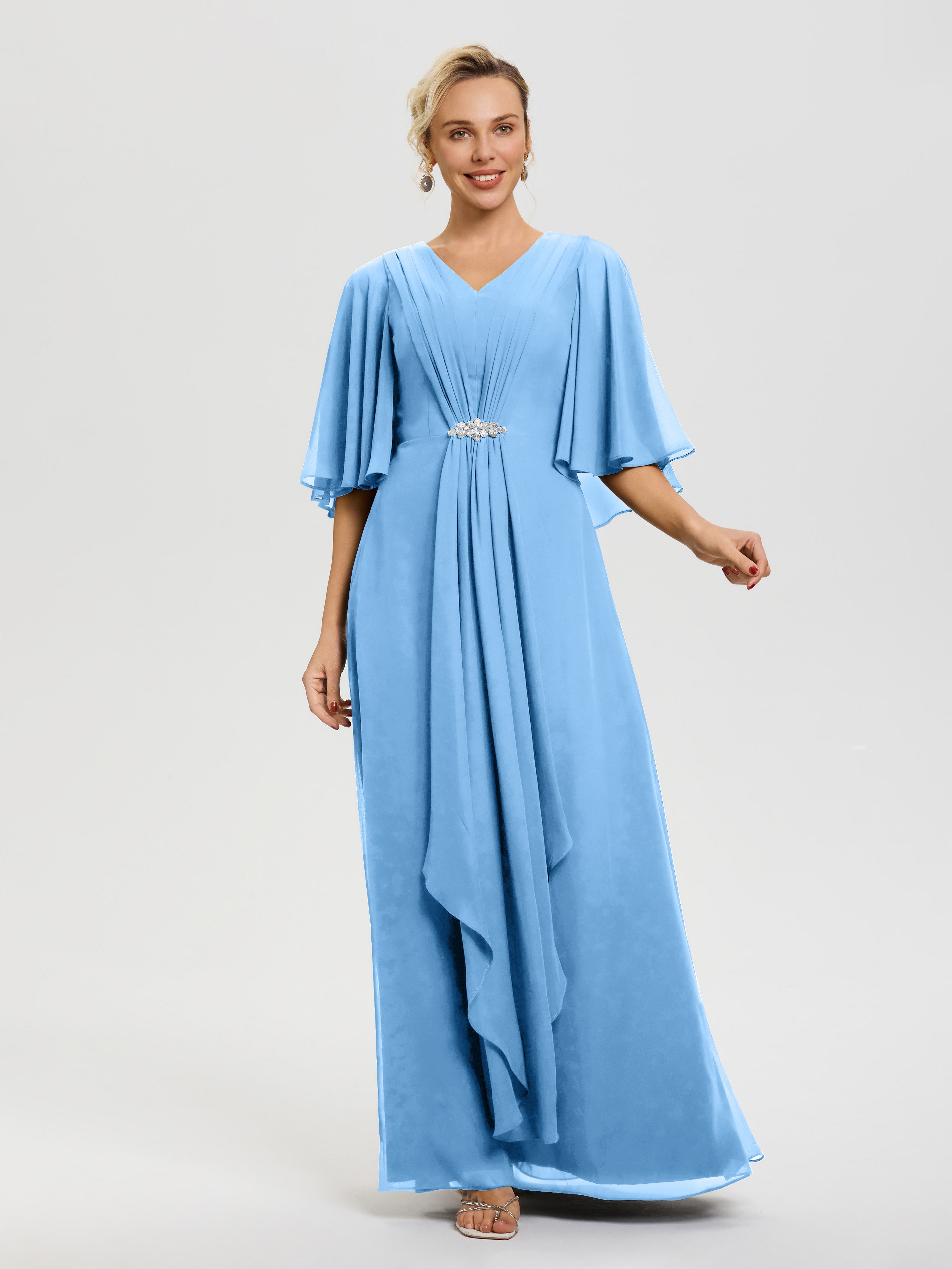 Robe Bleu Mere De La Mariee Col V Mousseline Demi Manches Robe De Mère Du Marié