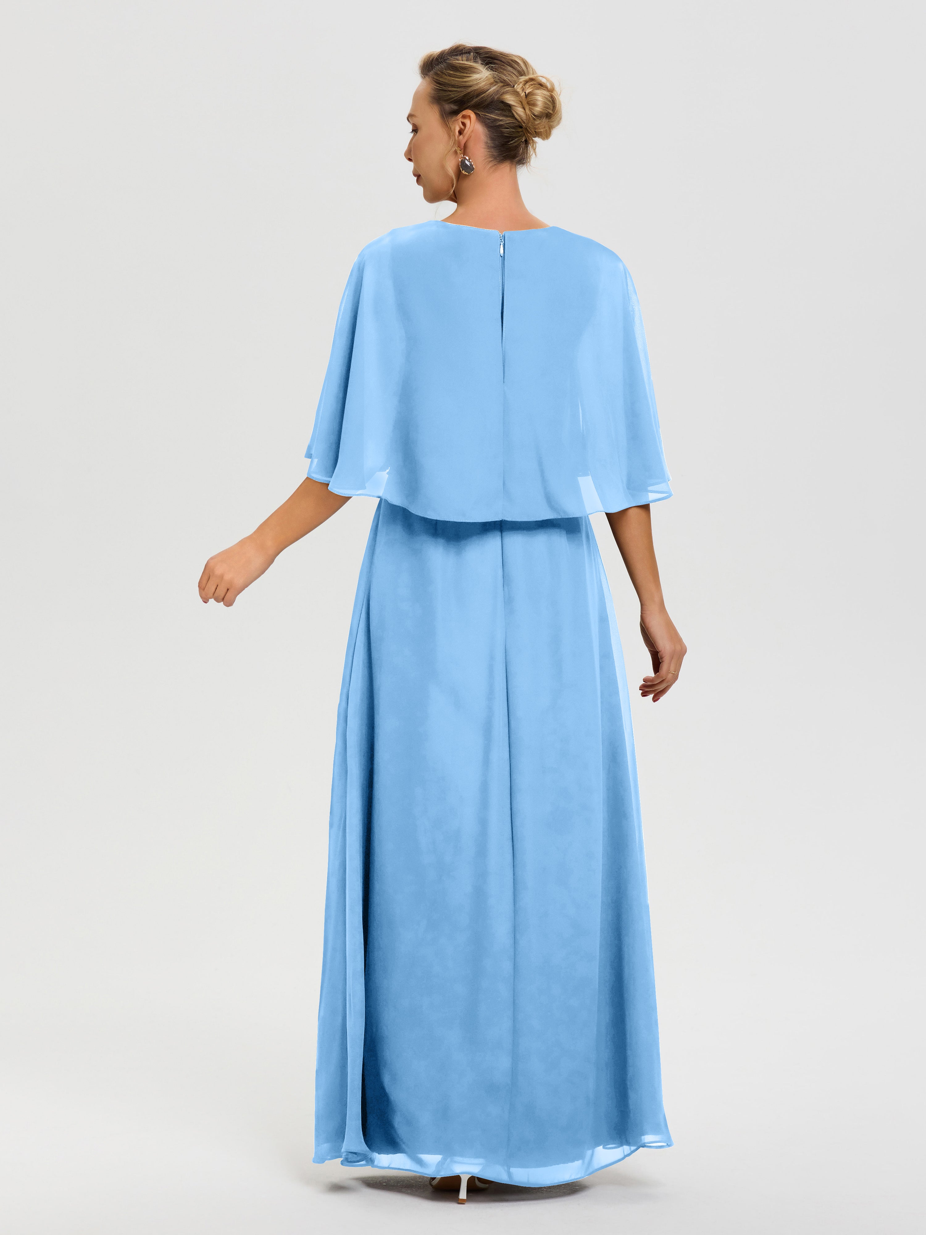 Robe Bleu Mere De La Mariee Col V Mousseline Demi Manches Robe De Mère Du Marié