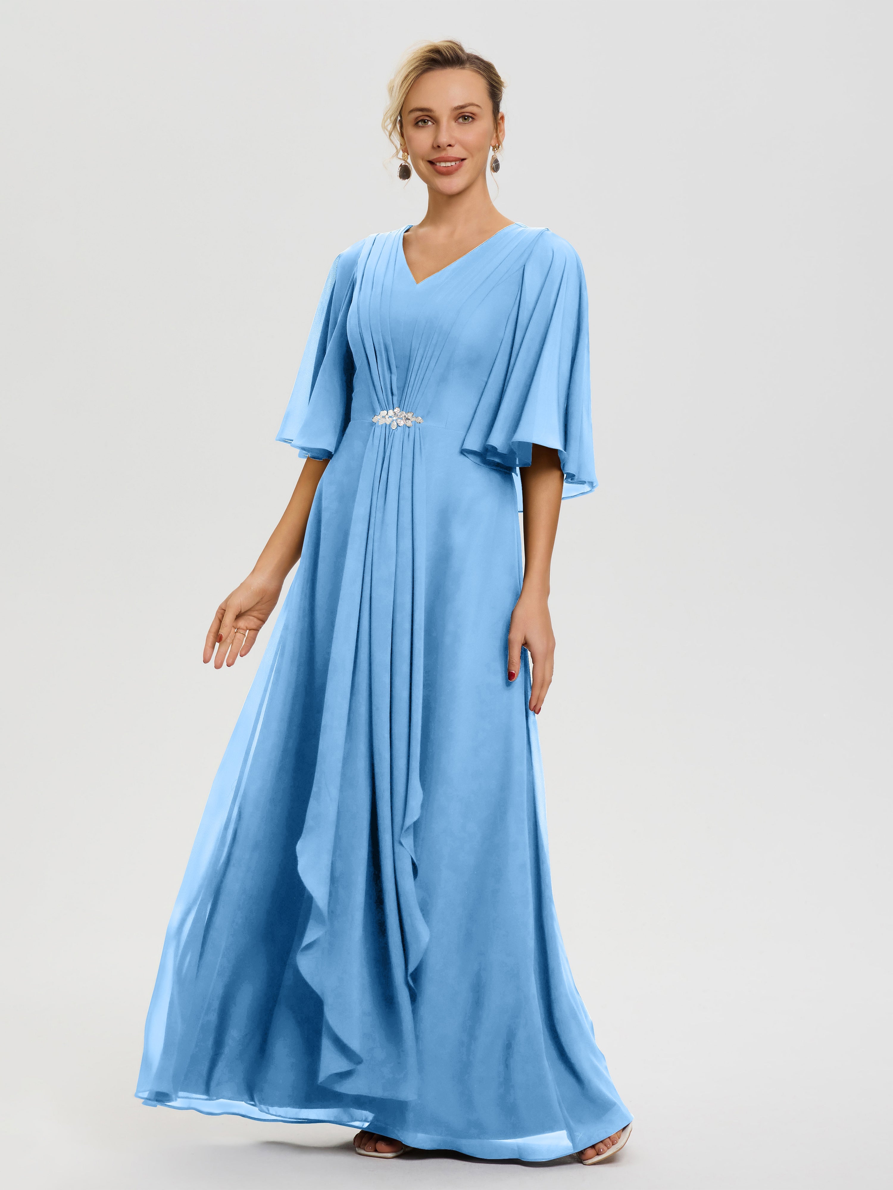 Robe Bleu Mere De La Mariee Col V Mousseline Demi Manches Robe De Mère Du Marié