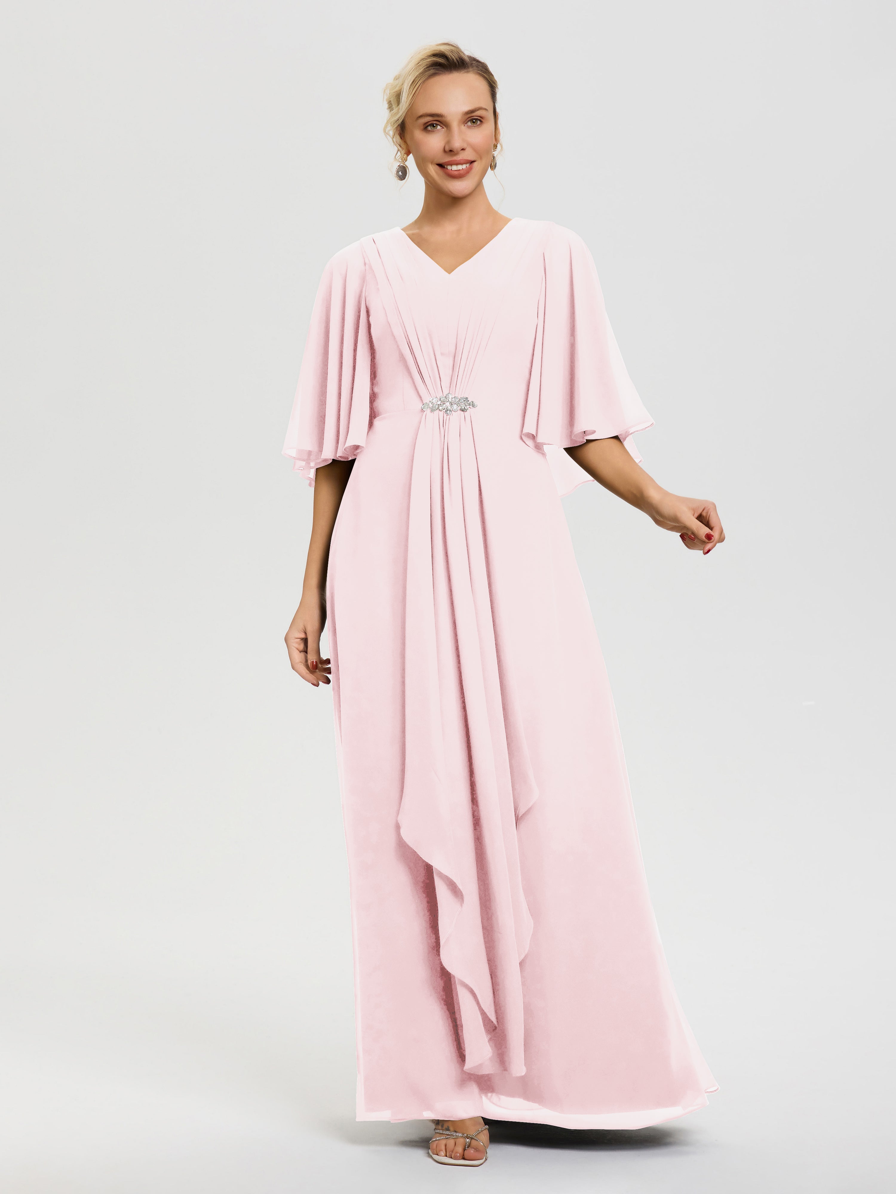 Robe Mariage Mère De La Mariée Rose Pale Col V Mousseline Demi Manches Robe De Mère Du Marié