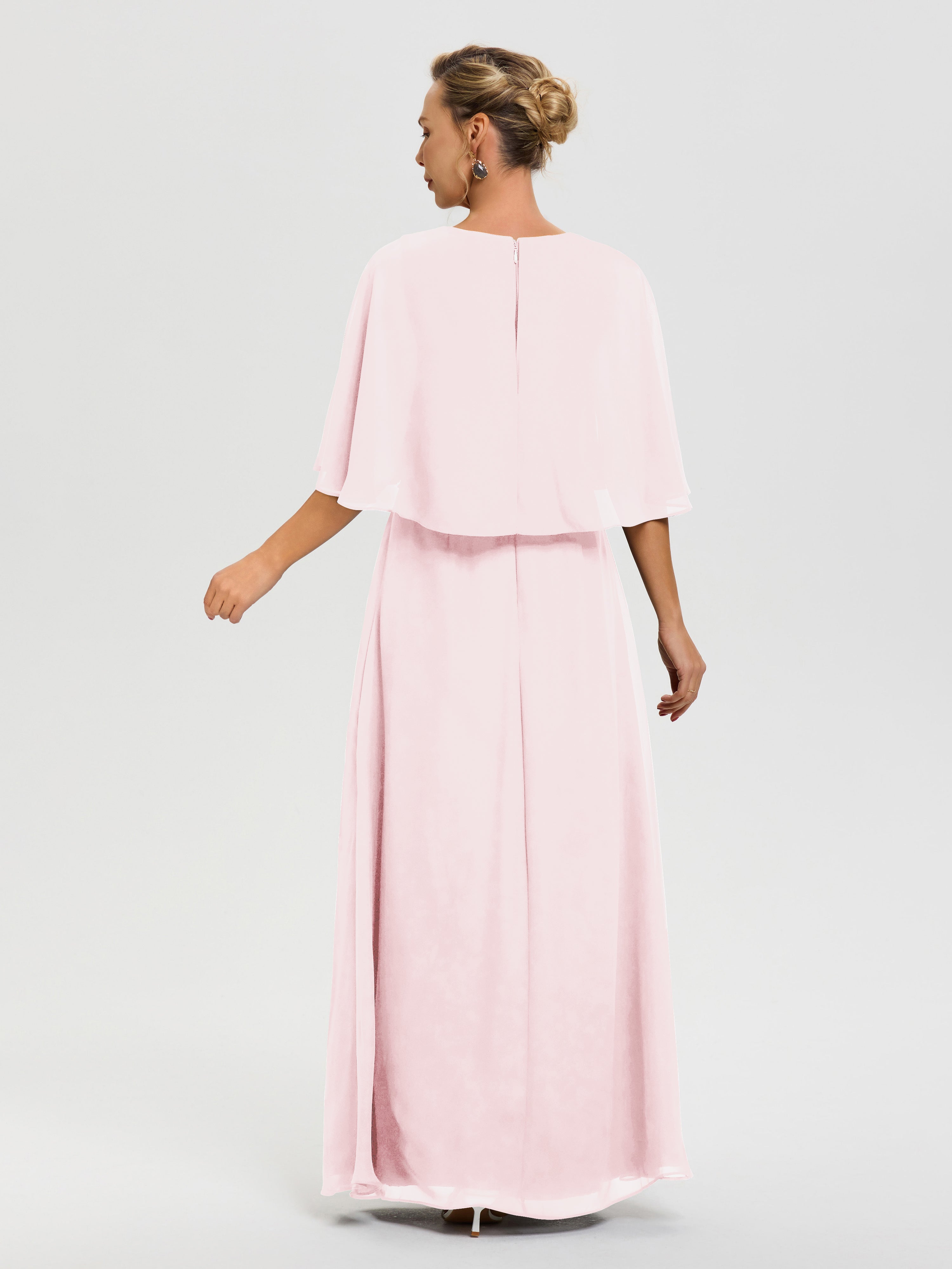 Robe Mariage Mère De La Mariée Rose Pale Col V Mousseline Demi Manches Robe De Mère Du Marié