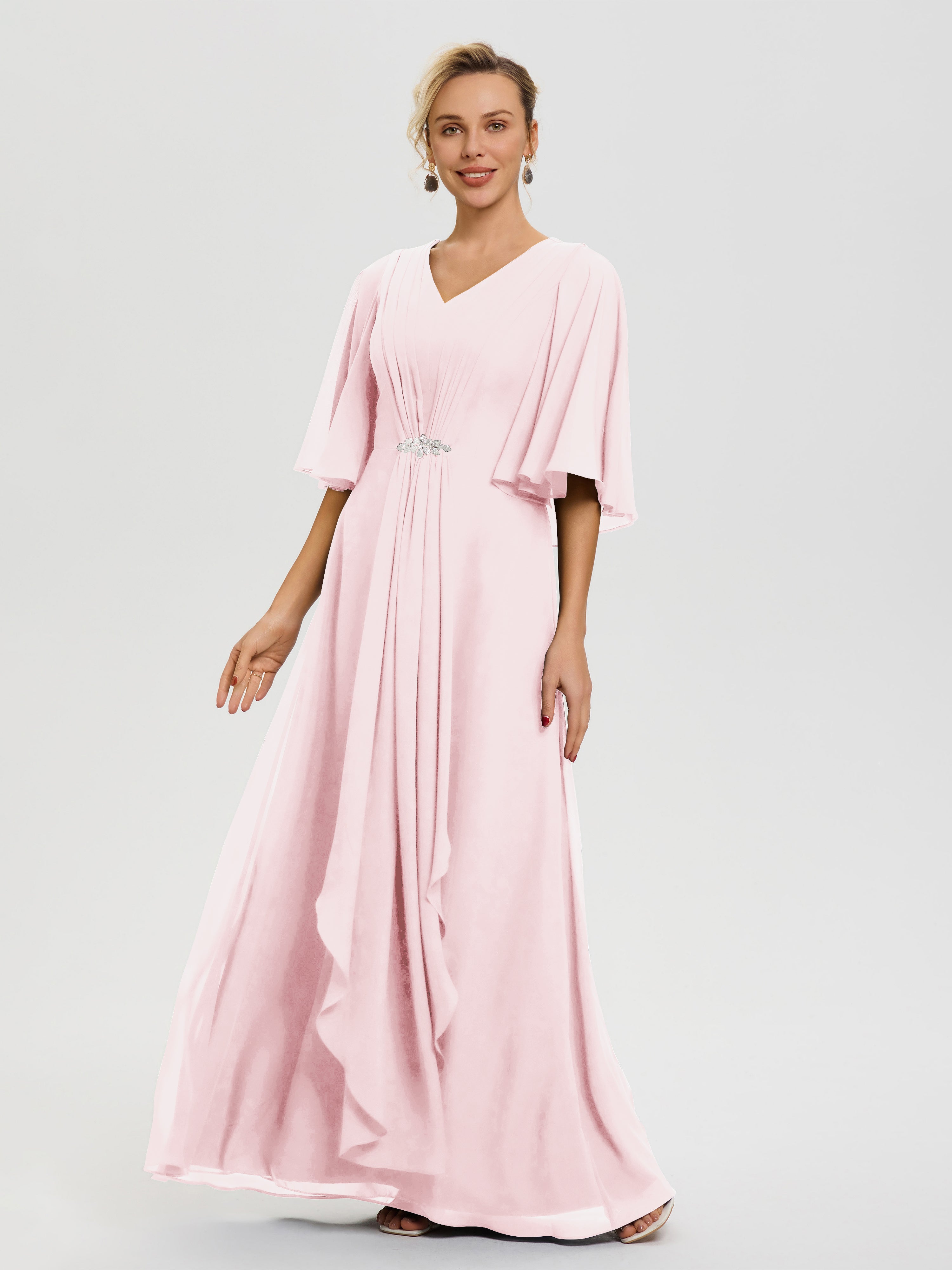 Robe Mariage Mère De La Mariée Rose Pale Col V Mousseline Demi Manches Robe De Mère Du Marié