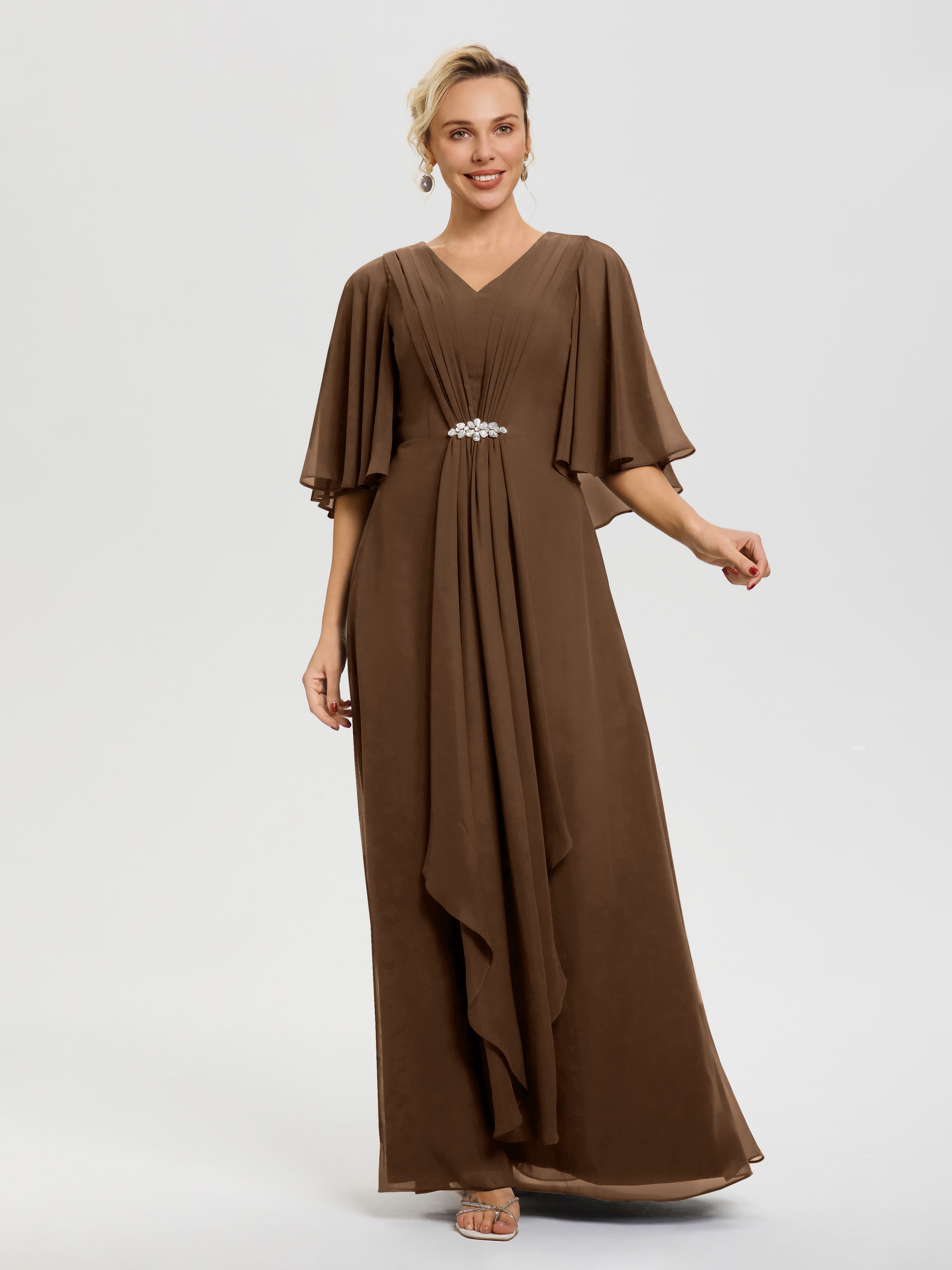 Robe Cérémonie Mariage Mère Du Marié Brun Col-V-Mousseline-Demi-Manches-Robe-De-Mere-Du-Marie