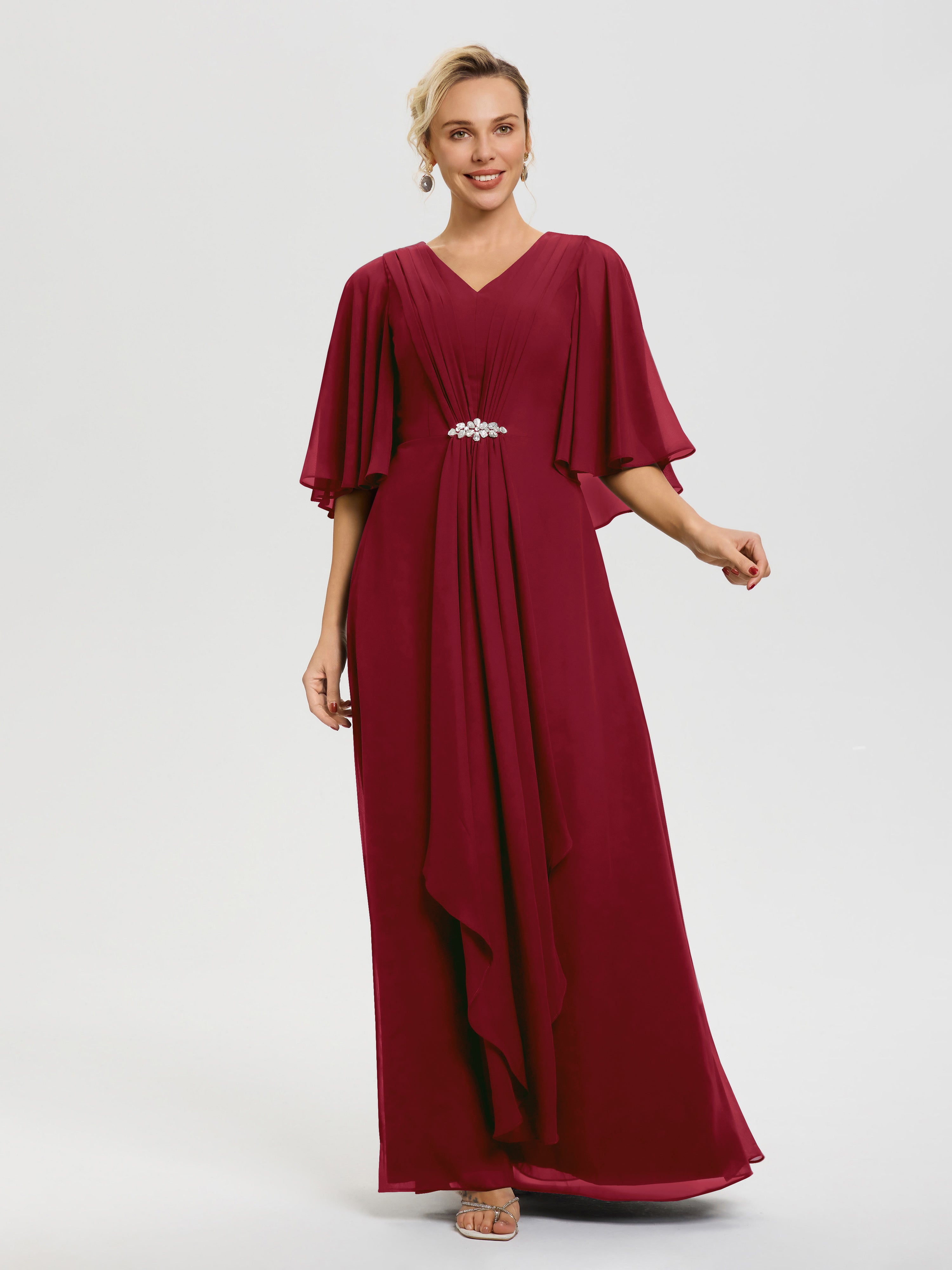 Robe Mere Mariee Bordeaux Col V Mousseline Demi Manches Robe De Mère Du Marié