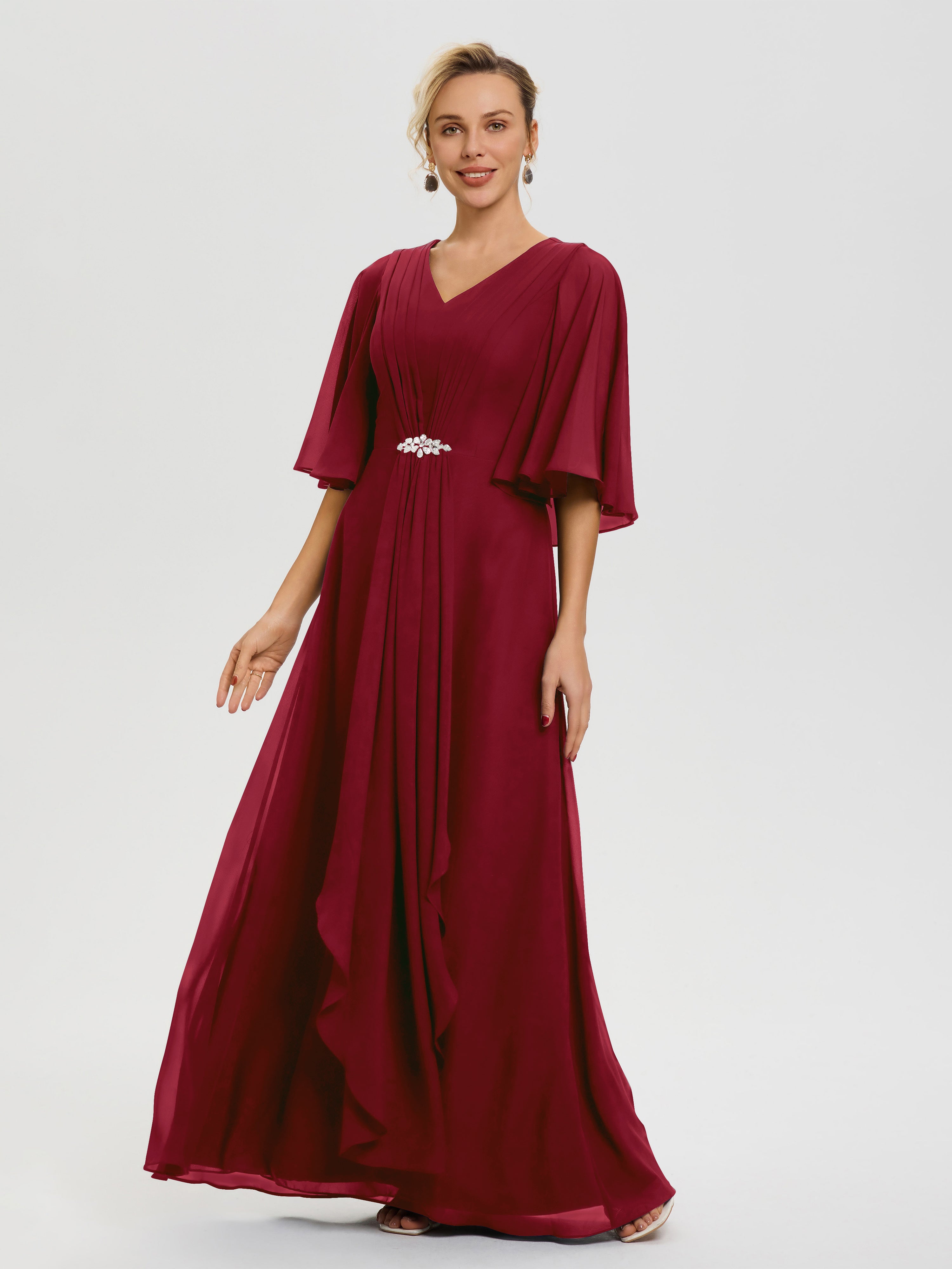 Robe Mere Mariee Bordeaux Col V Mousseline Demi Manches Robe De Mère Du Marié