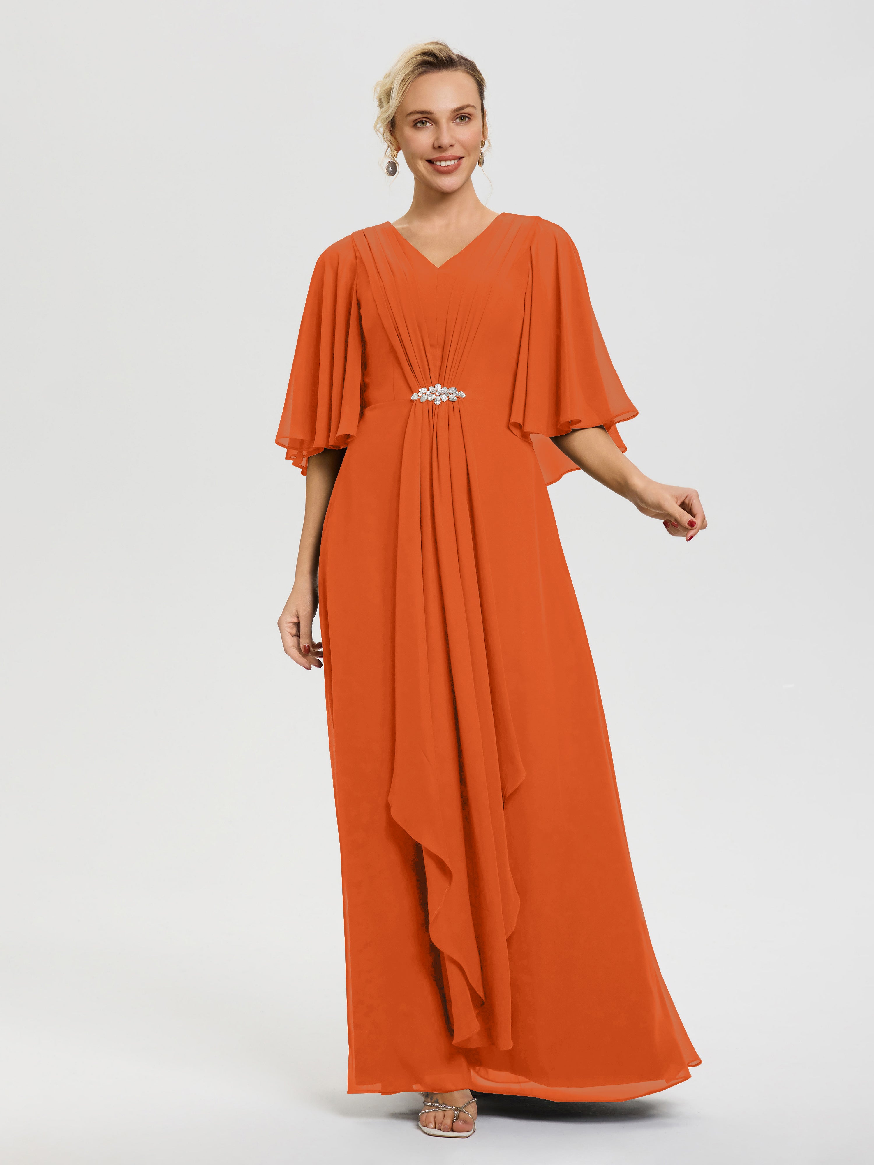 Robe Cérémonie Mariage Mère Du Marié Orange Brule Col V Mousseline Dem