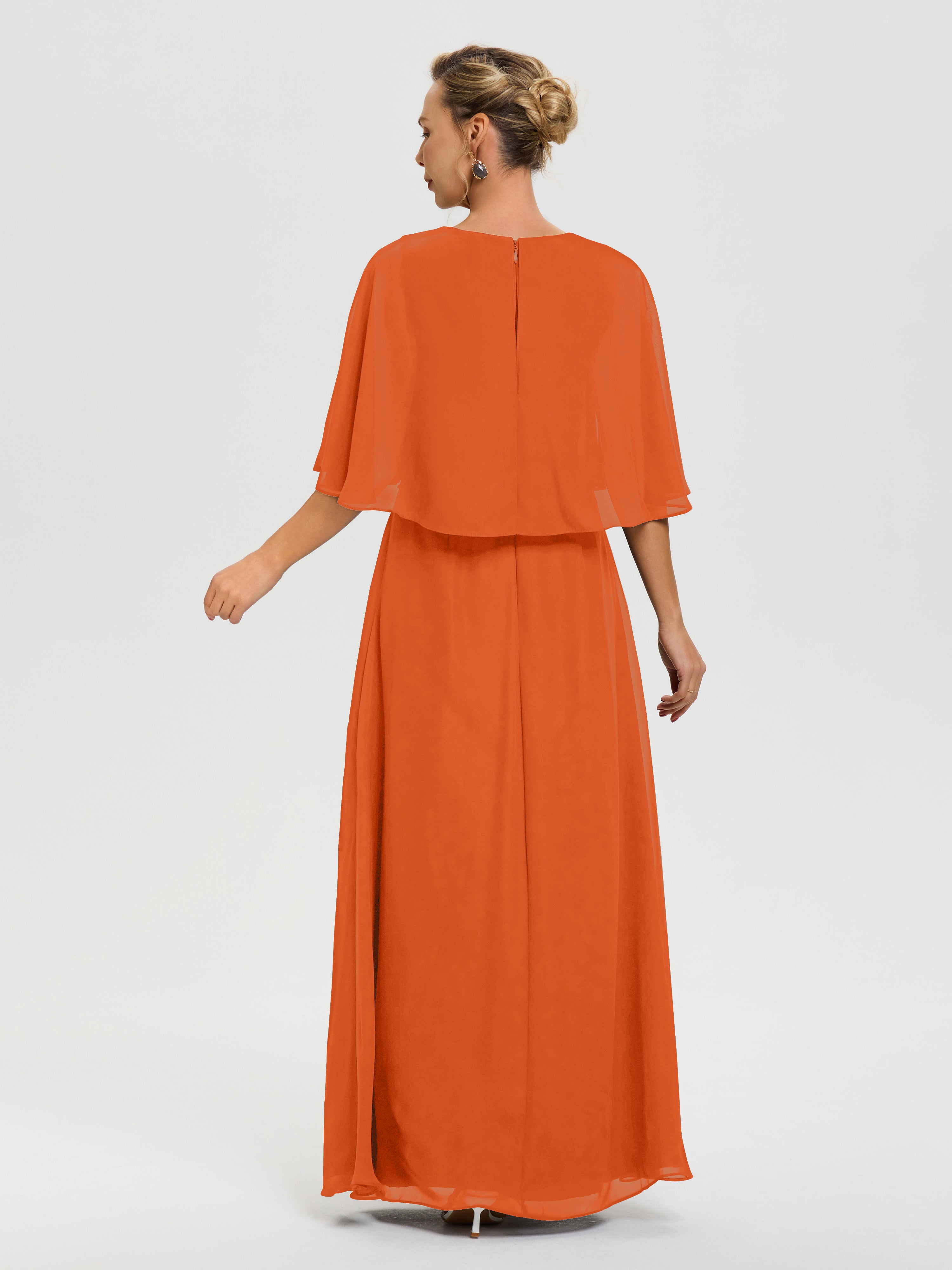 Robe Cérémonie Mariage Mère Du Marié Orange Brule Col V Mousseline Demi Manches Robe De Mère Du Marié