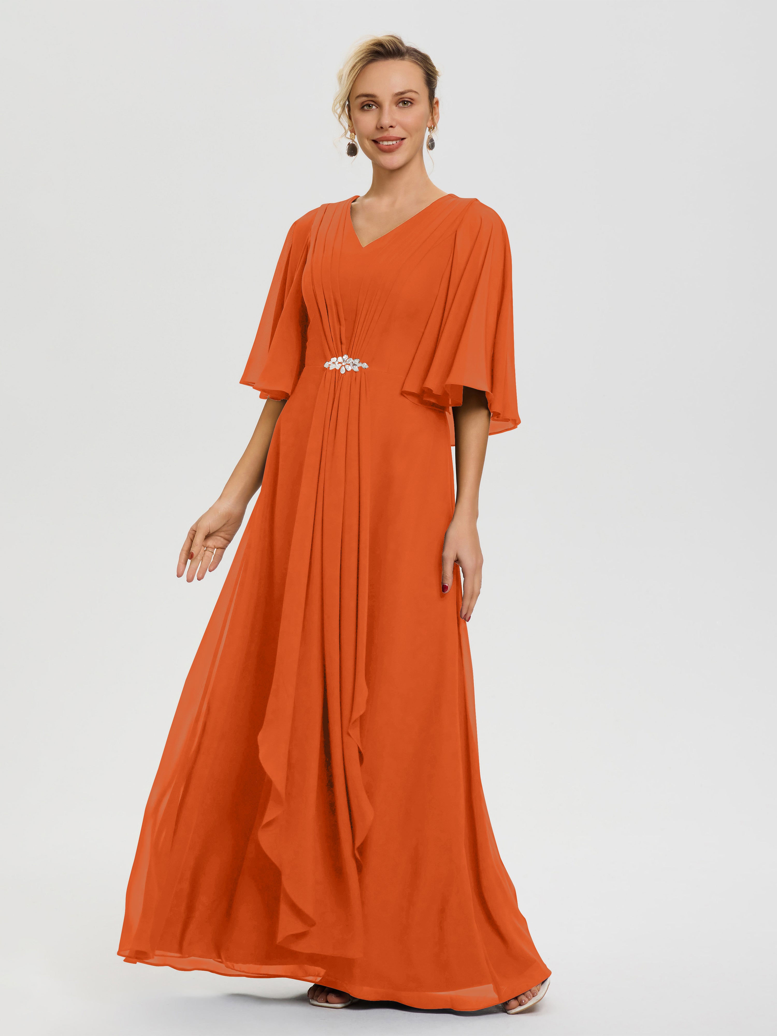 Robe Cérémonie Mariage Mère Du Marié Orange Brule Col V Mousseline Demi Manches Robe De Mère Du Marié