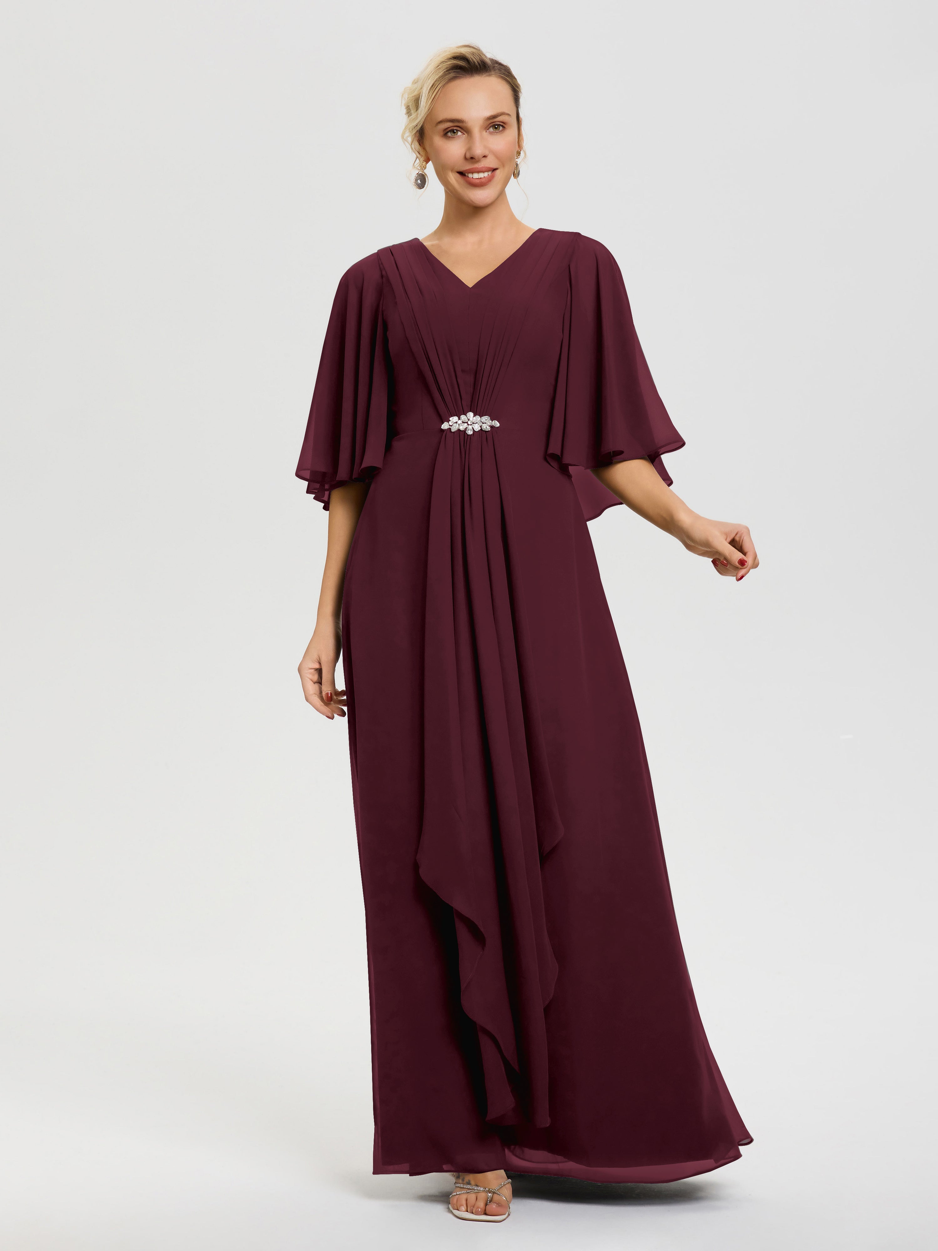 Robe Cérémonie Mariage Mère Du Marié Cabernet Col-V-Mousseline-Demi-Manches-Robe-De-Mere-Du-Marie
