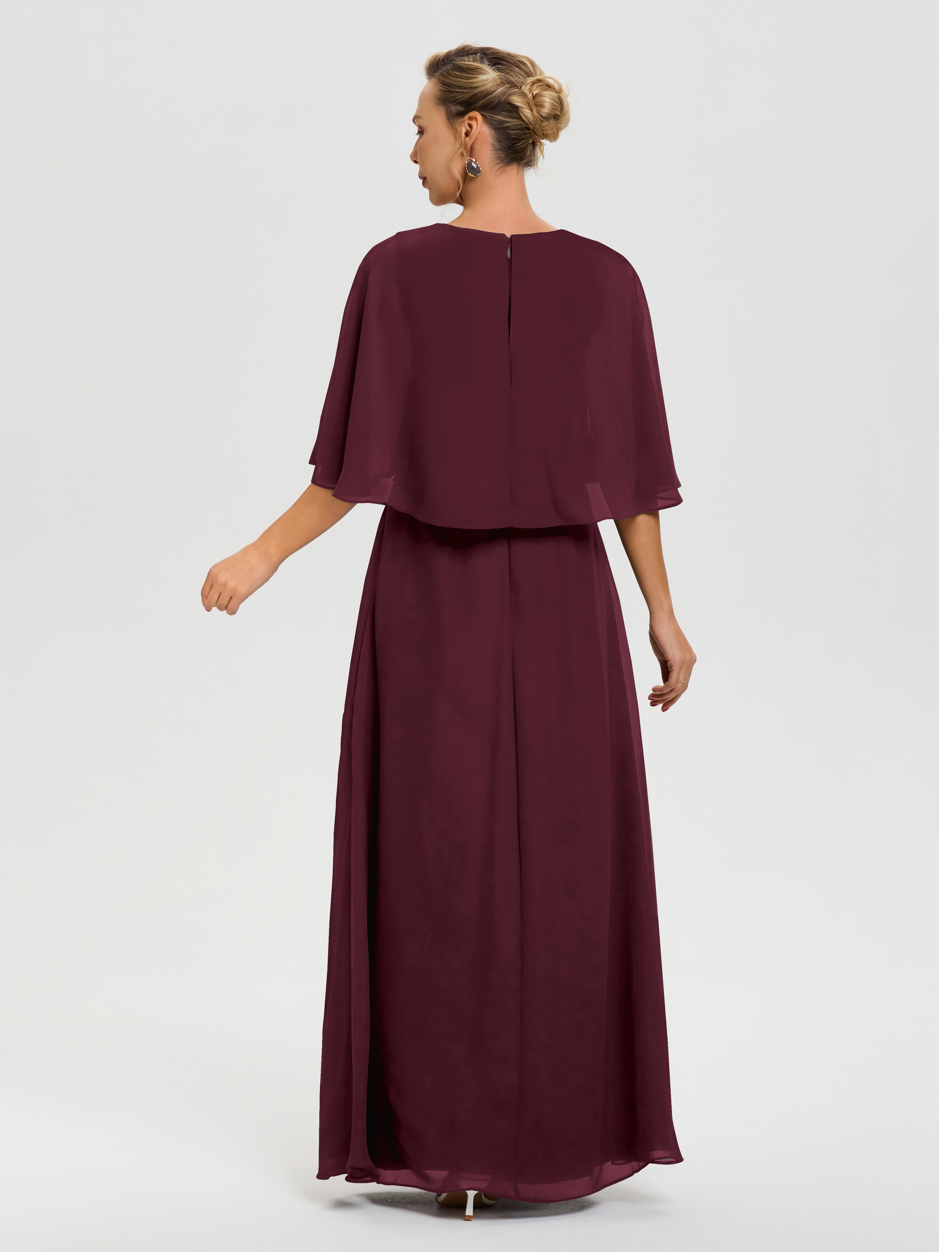 Robe Cérémonie Mariage Mère Du Marié Cabernet Col-V-Mousseline-Demi-Manches-Robe-De-Mere-Du-Marie