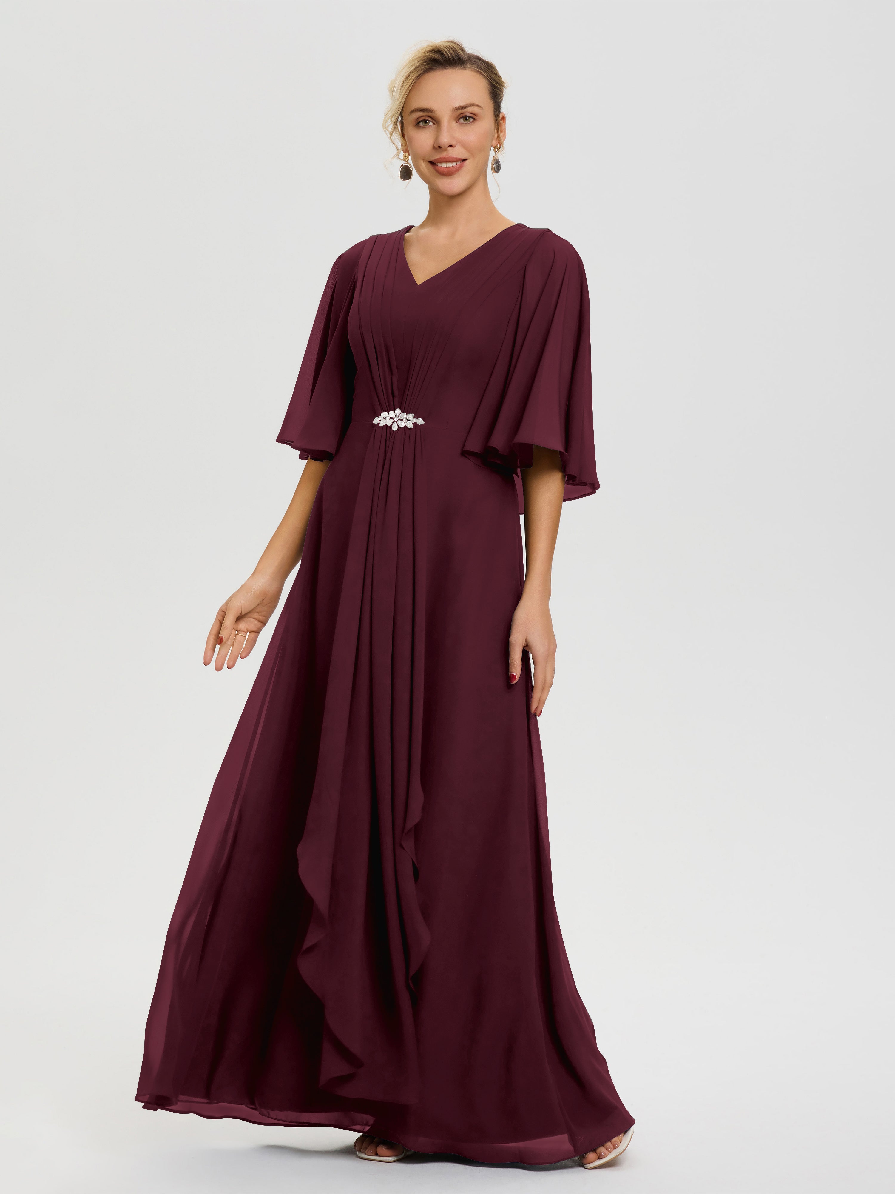 Robe Cérémonie Mariage Mère Du Marié Cabernet Col-V-Mousseline-Demi-Manches-Robe-De-Mere-Du-Marie