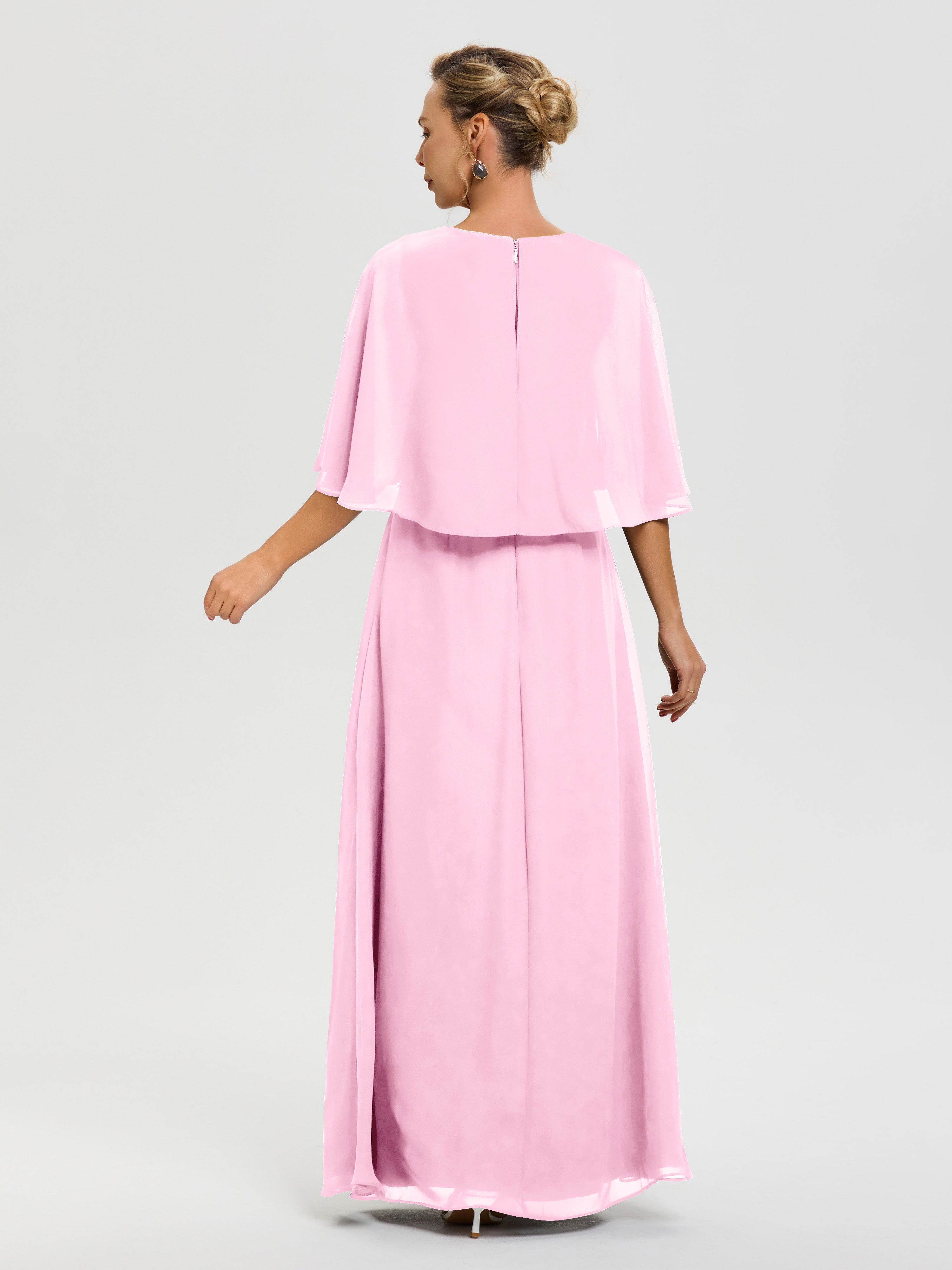 Robe Mariage Mère De La Mariée Rose Bonbon Col V Mousseline Demi Manches Robe De Mère Du Marié