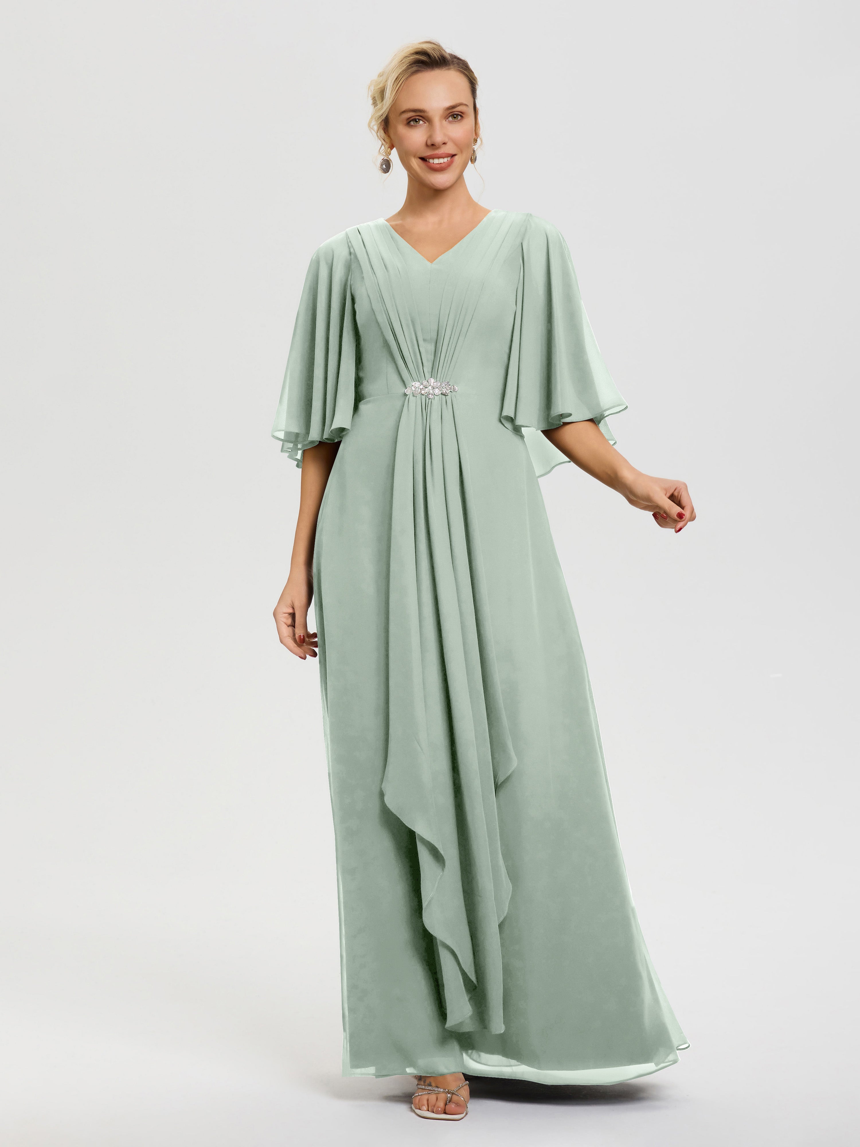 Robe Cérémonie Mariage Mère Du Marié Celadon Col-V-Mousseline-Demi-Manches-Robe-De-Mere-Du-Marie