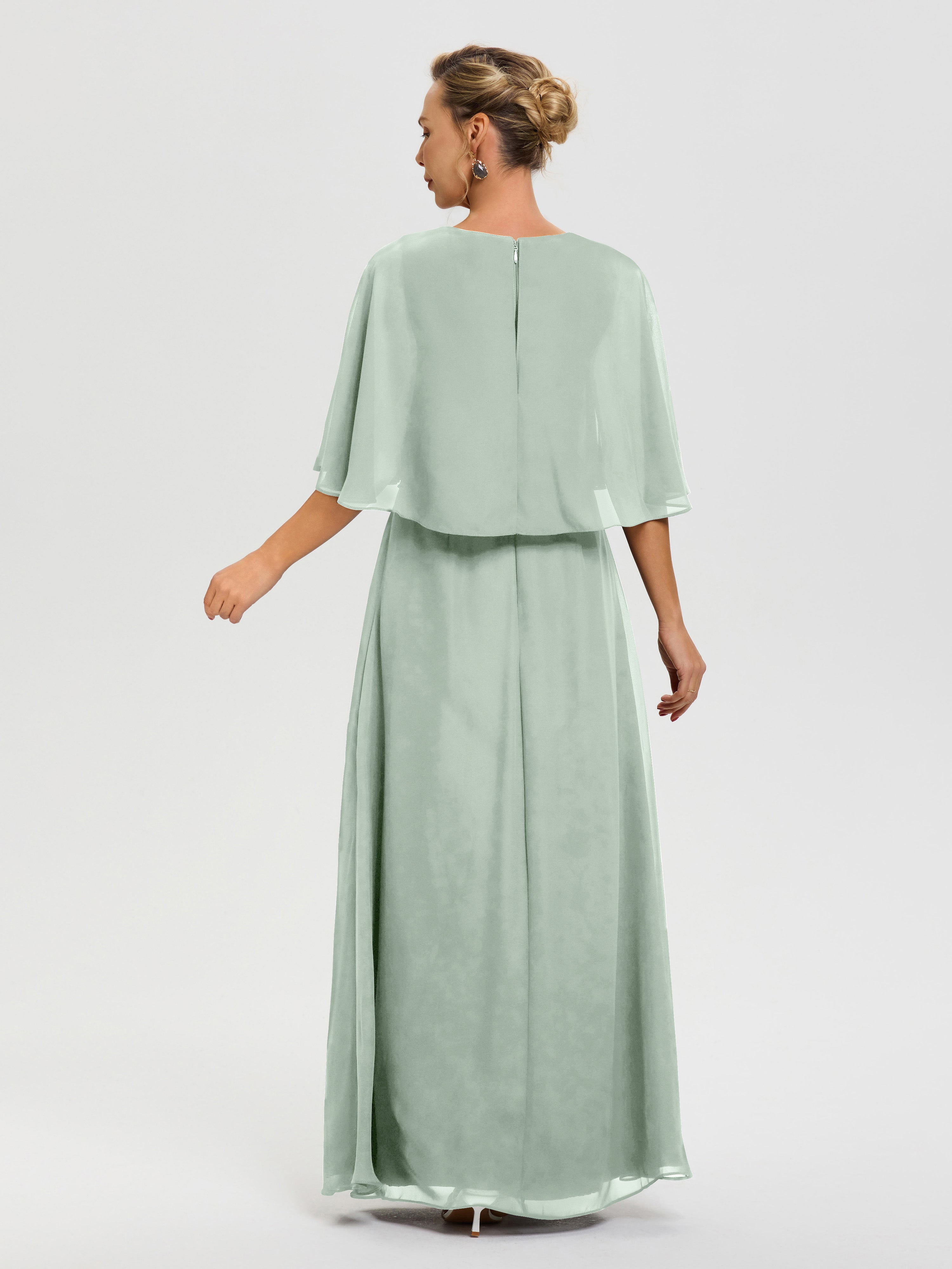 Robe Cérémonie Mariage Mère Du Marié Celadon Col-V-Mousseline-Demi-Manches-Robe-De-Mere-Du-Marie