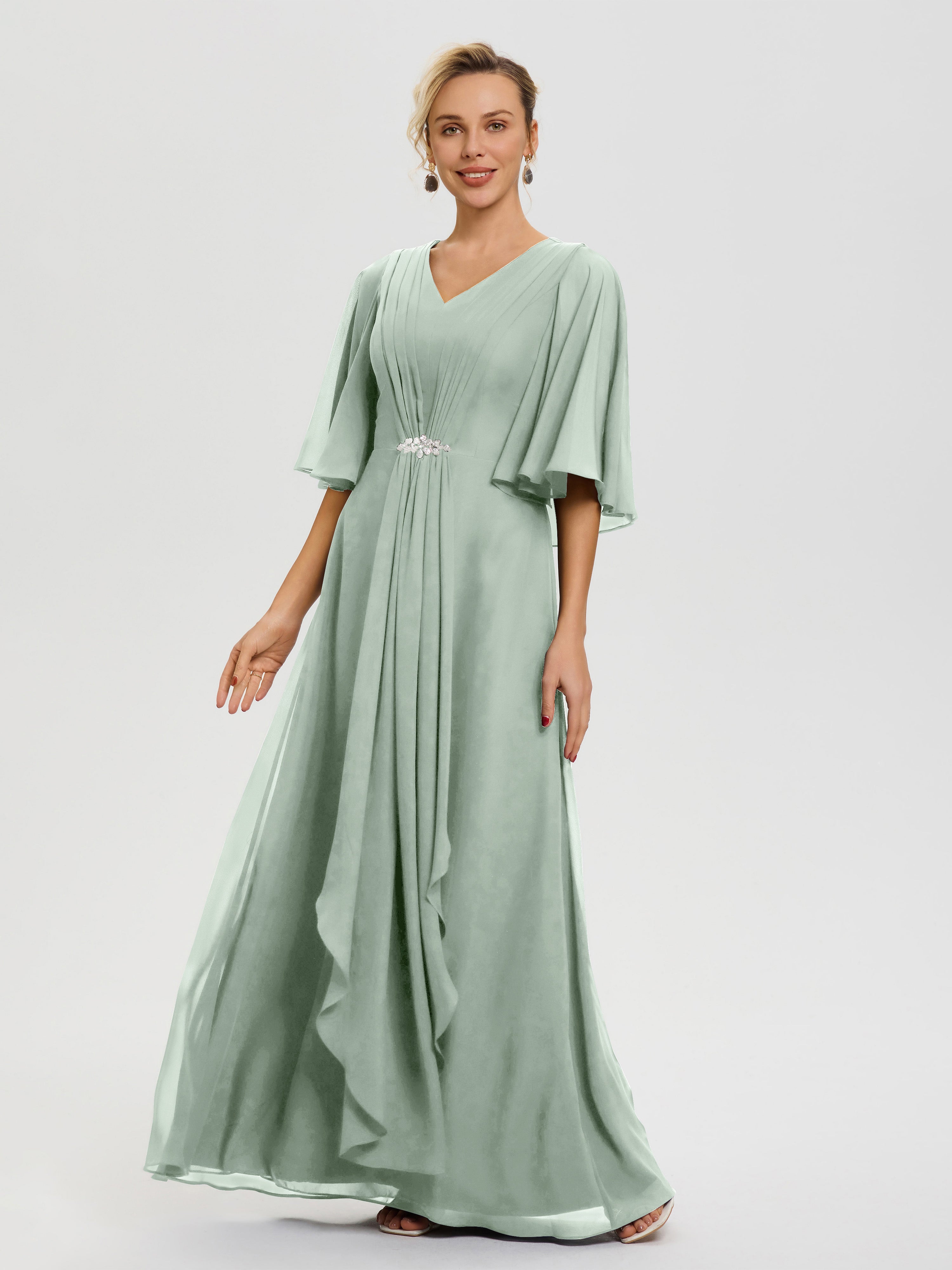 Robe Cérémonie Mariage Mère Du Marié Celadon Col-V-Mousseline-Demi-Manches-Robe-De-Mere-Du-Marie