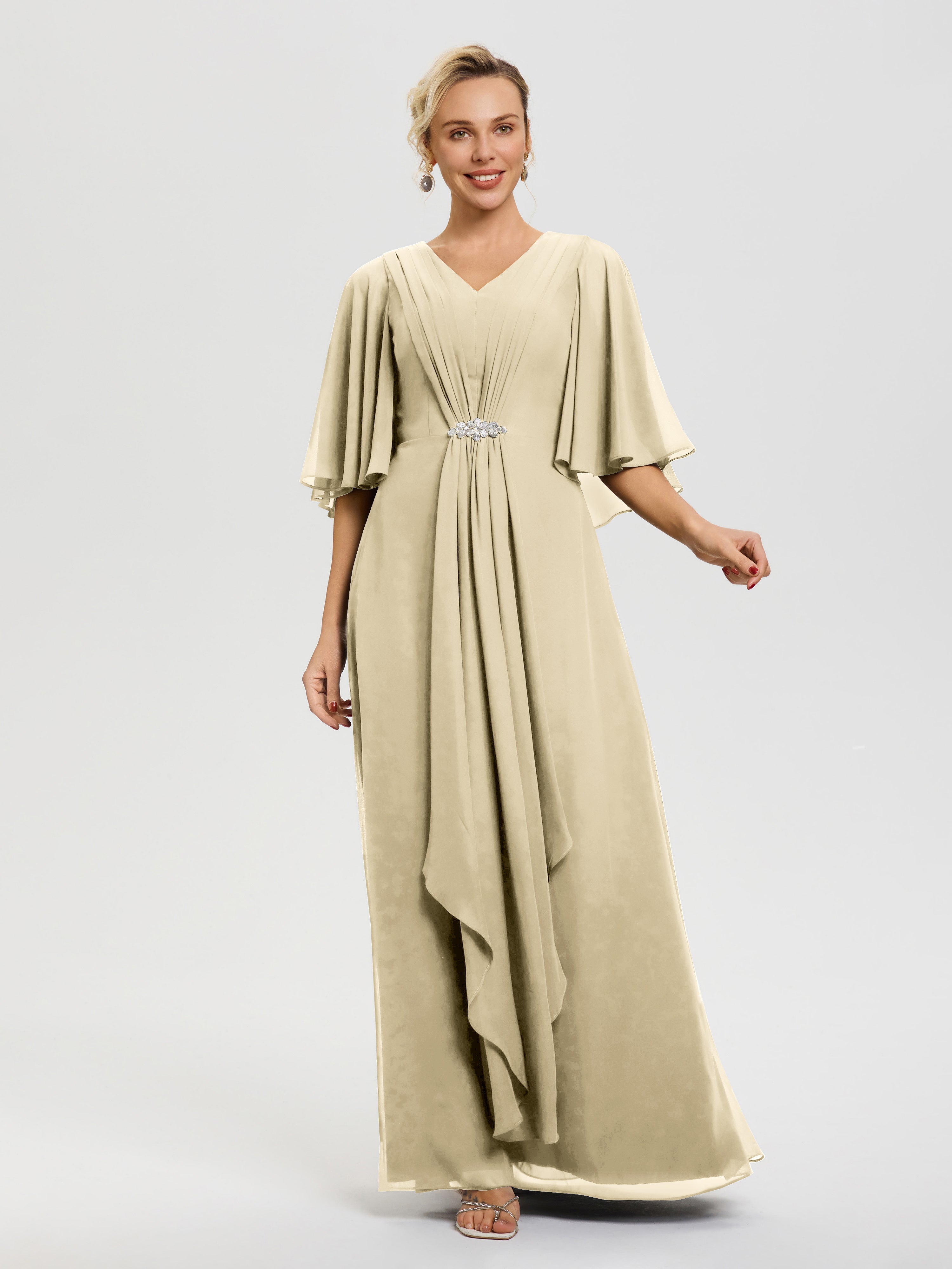 Robe Mere De La Mariee Champagne Col V Mousseline Demi Manches Robe De Mère Du Marié