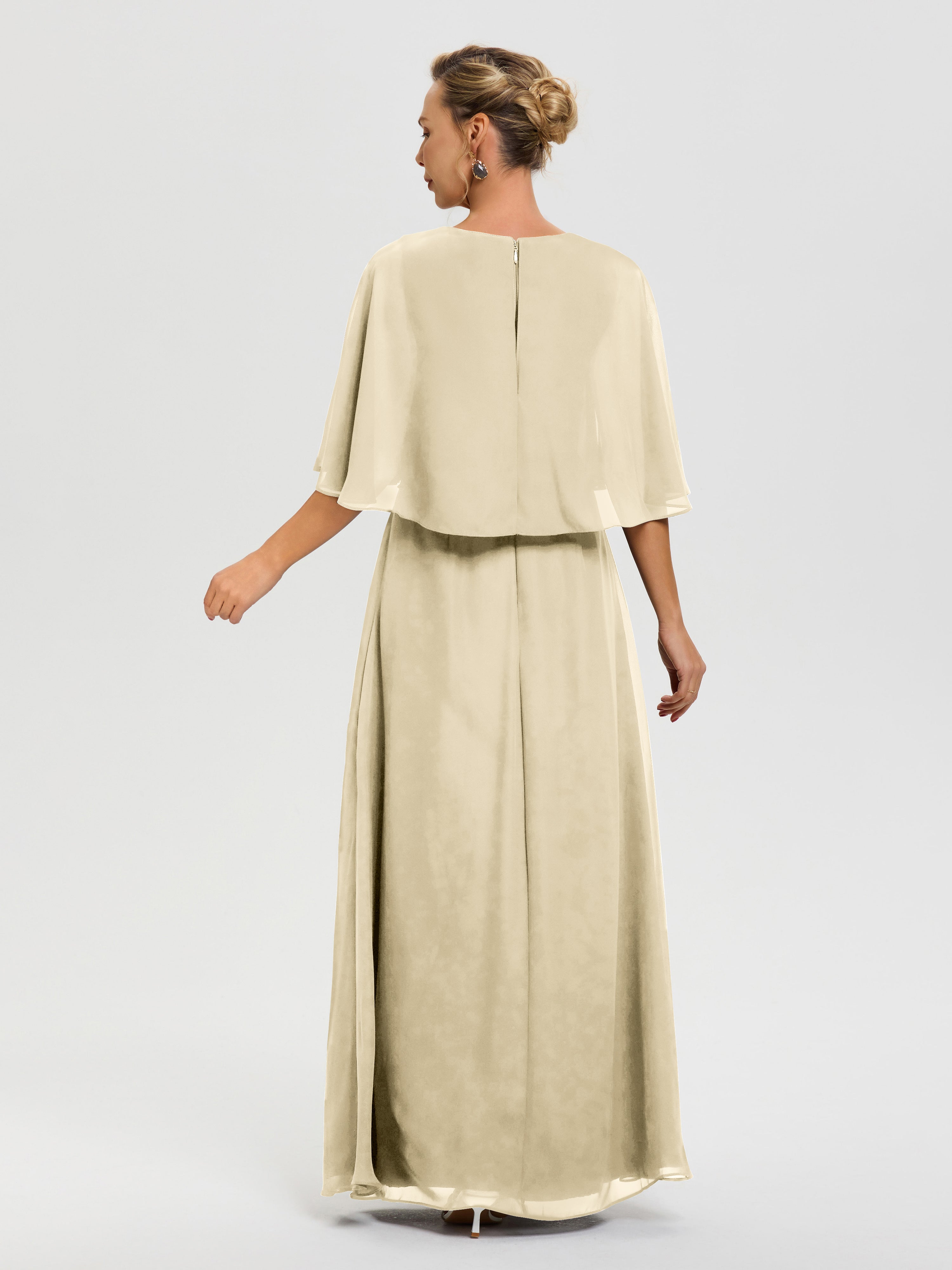 Robe Mere De La Mariee Champagne Col V Mousseline Demi Manches Robe De Mère Du Marié