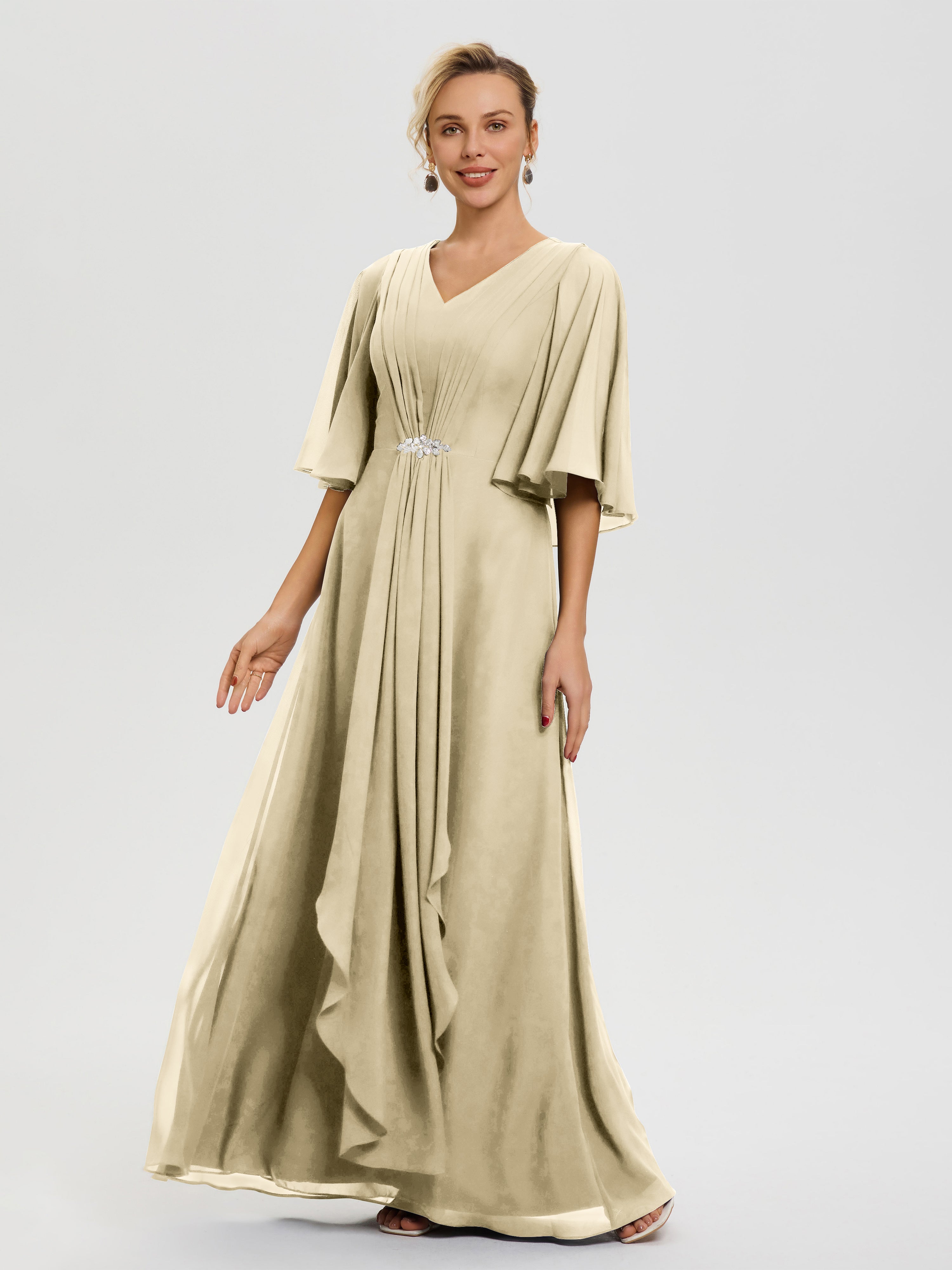 Robe Mere De La Mariee Champagne Col V Mousseline Demi Manches Robe De Mère Du Marié