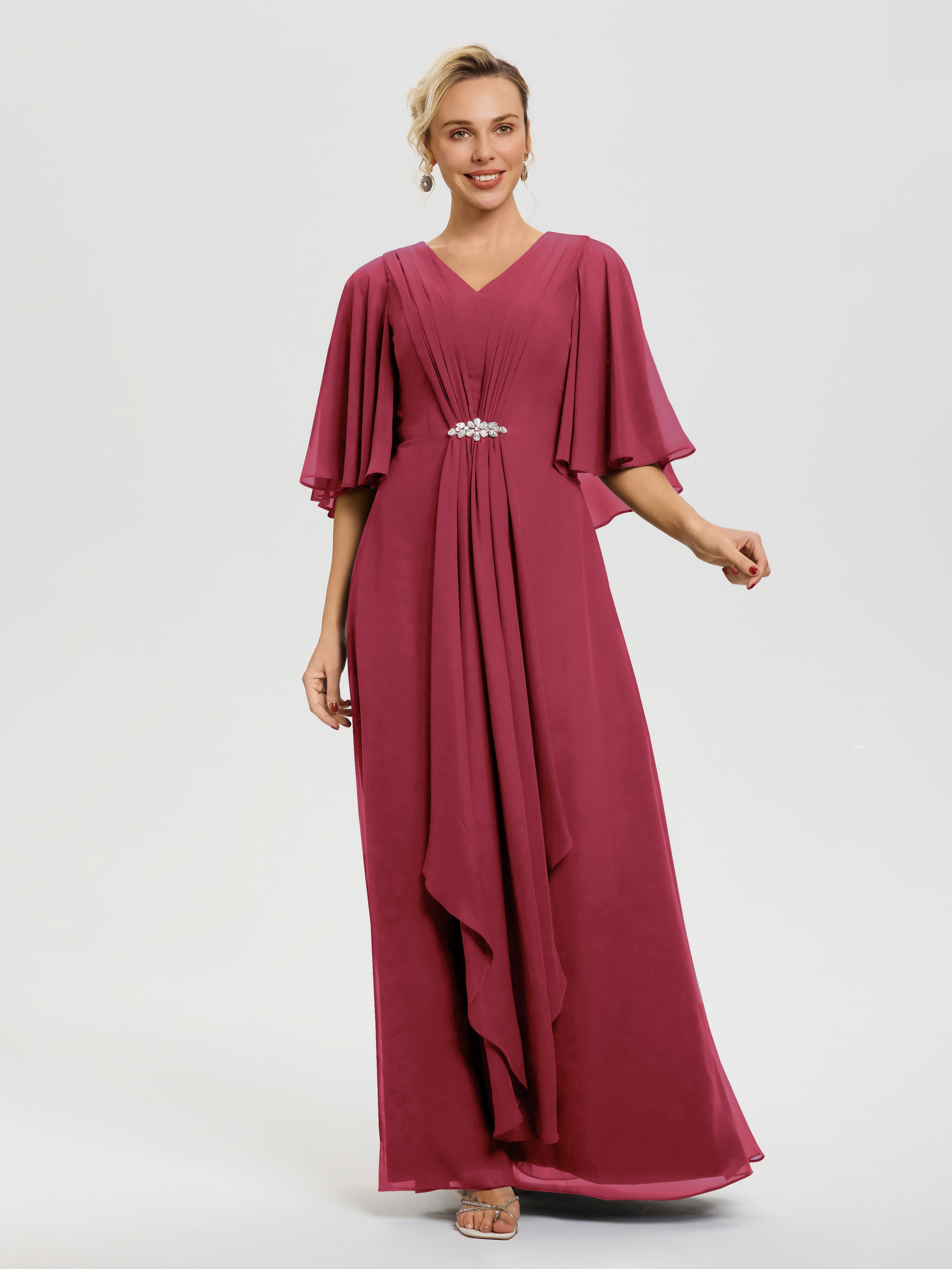 Robe Mère De Marié Rose Cannelle Col V Mousseline Demi Manches Robe De Mère Du Marié