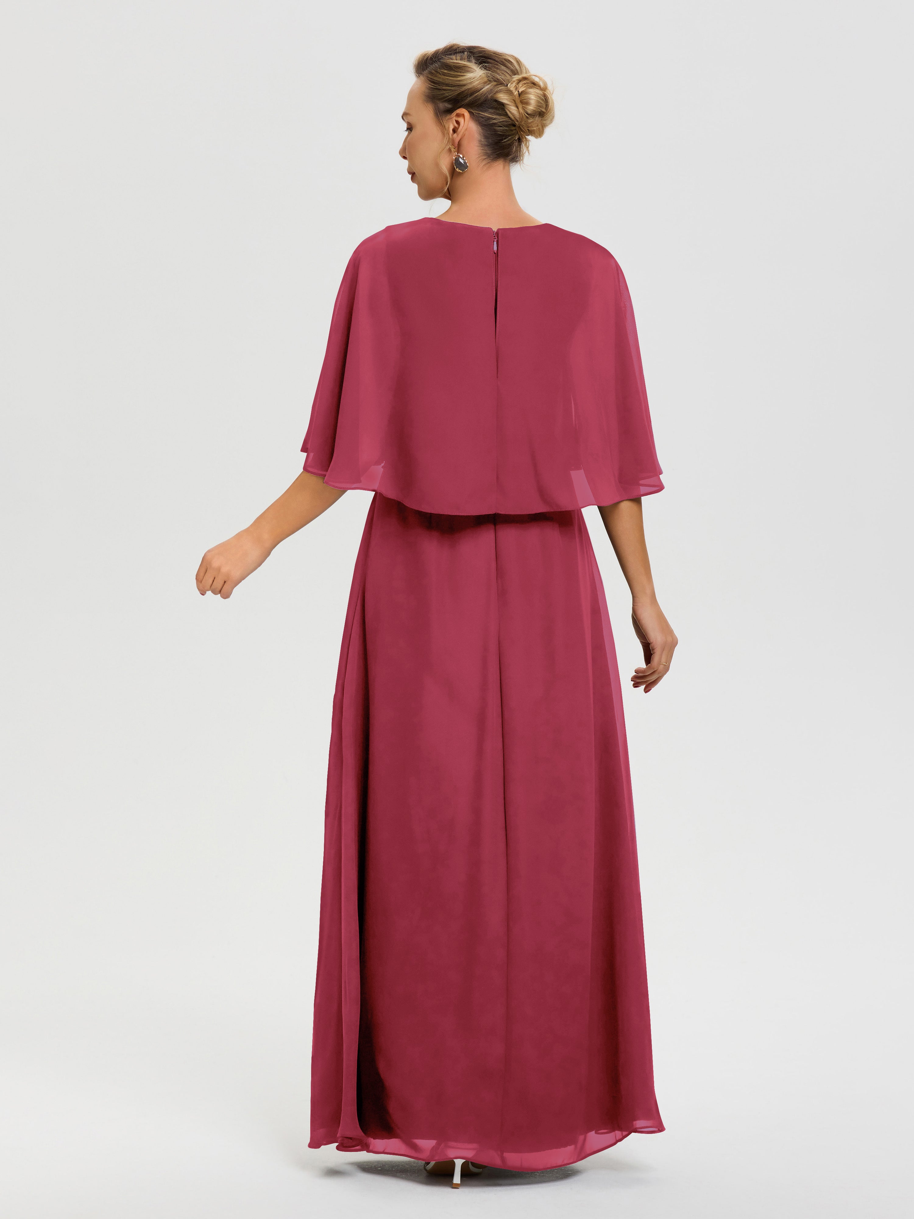 Robe Mère De Marié Rose Cannelle Col V Mousseline Demi Manches Robe De Mère Du Marié