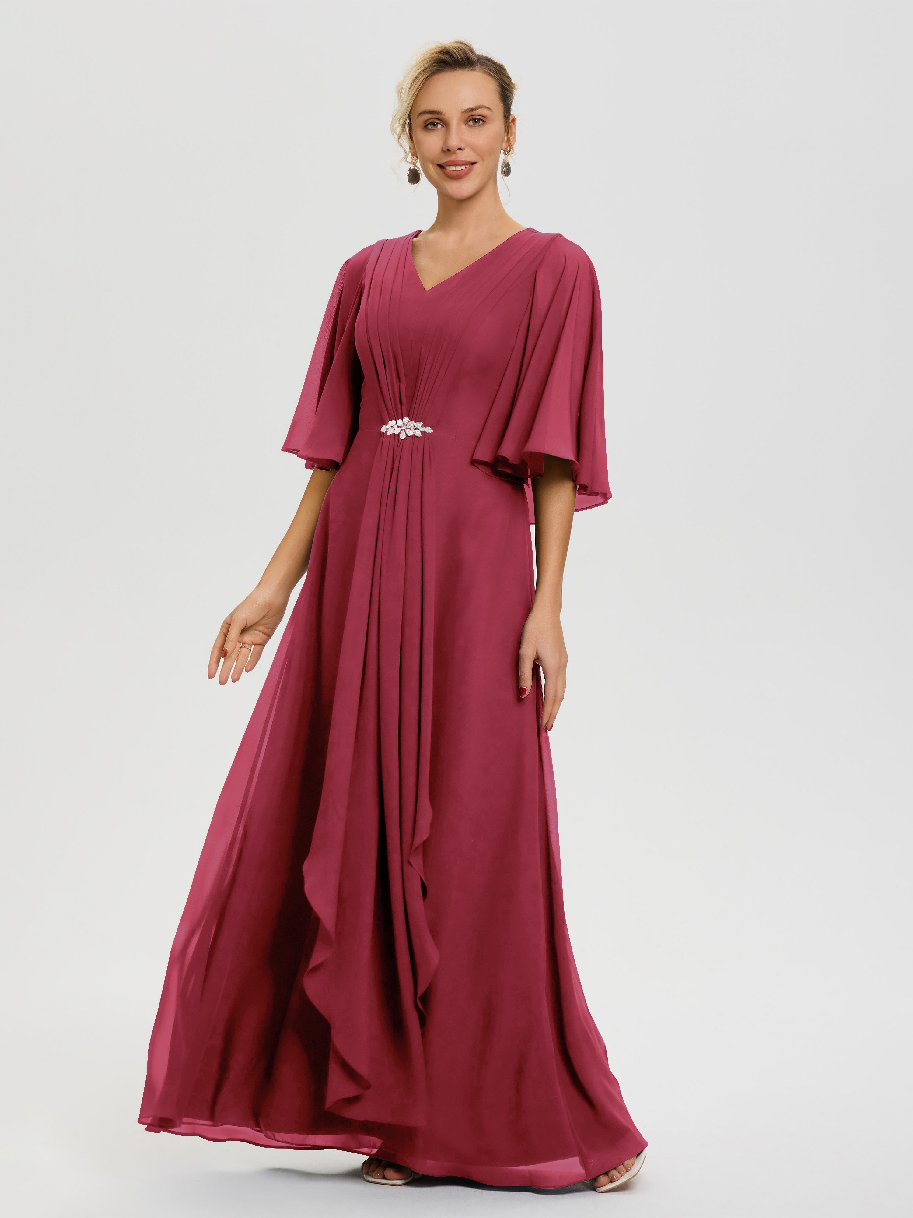 Robe Mère De Marié Rose Cannelle Col V Mousseline Demi Manches Robe De Mère Du Marié