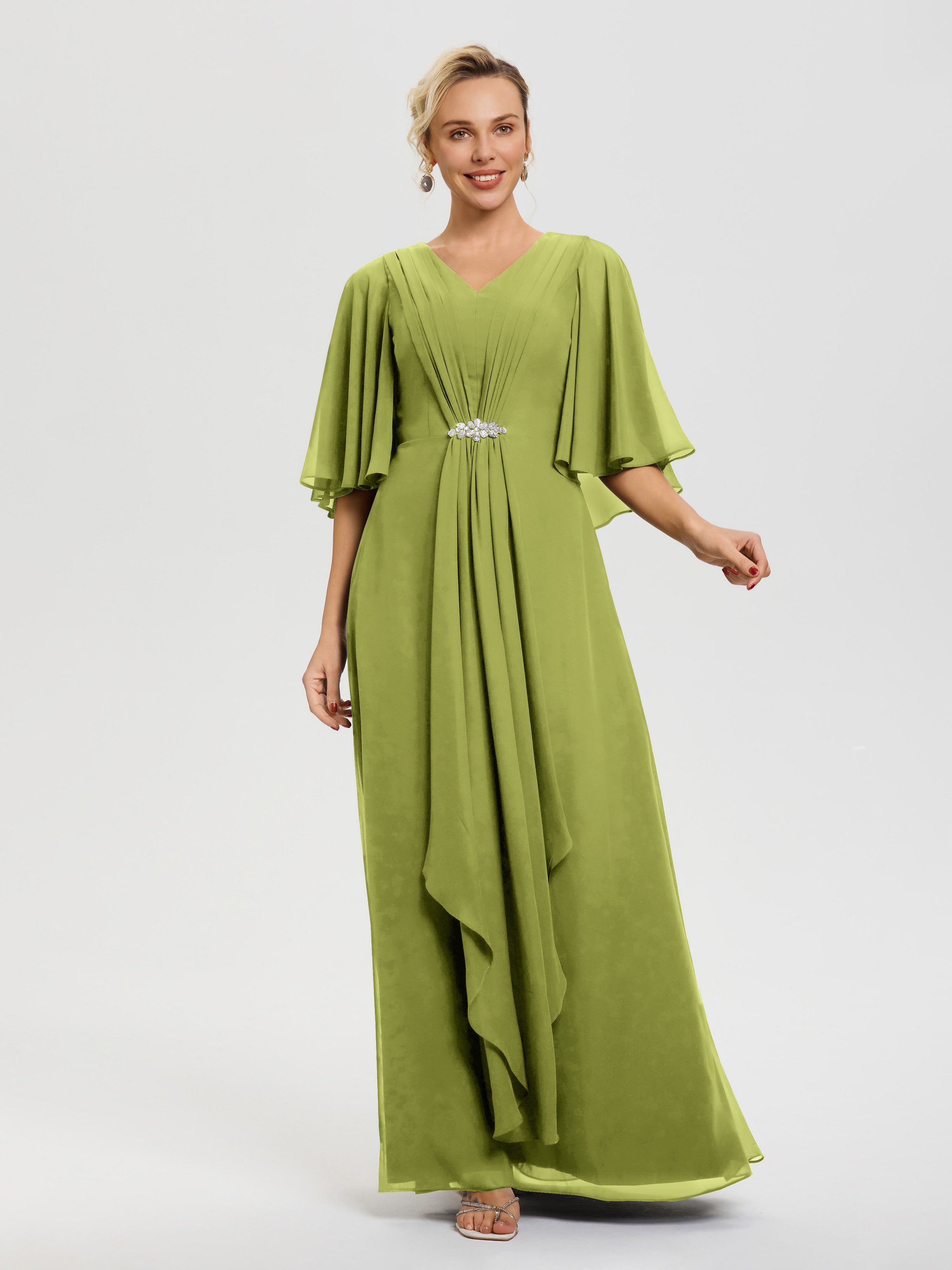 Robe Mère Marié Trèfle Col V Mousseline Demi Manches Robe De Mère Du Marié