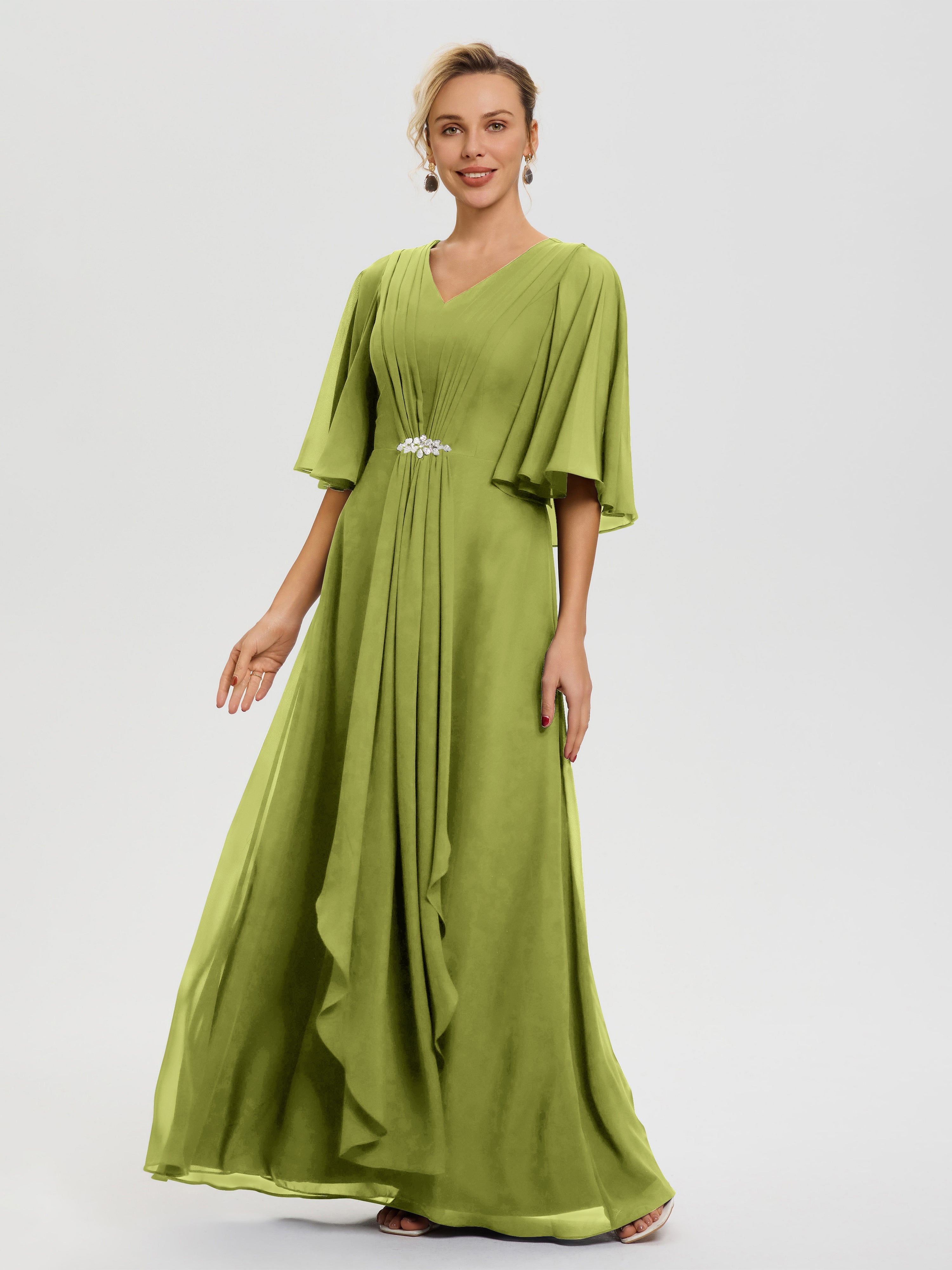 Robe Mère Marié Trèfle Col V Mousseline Demi Manches Robe De Mère Du Marié