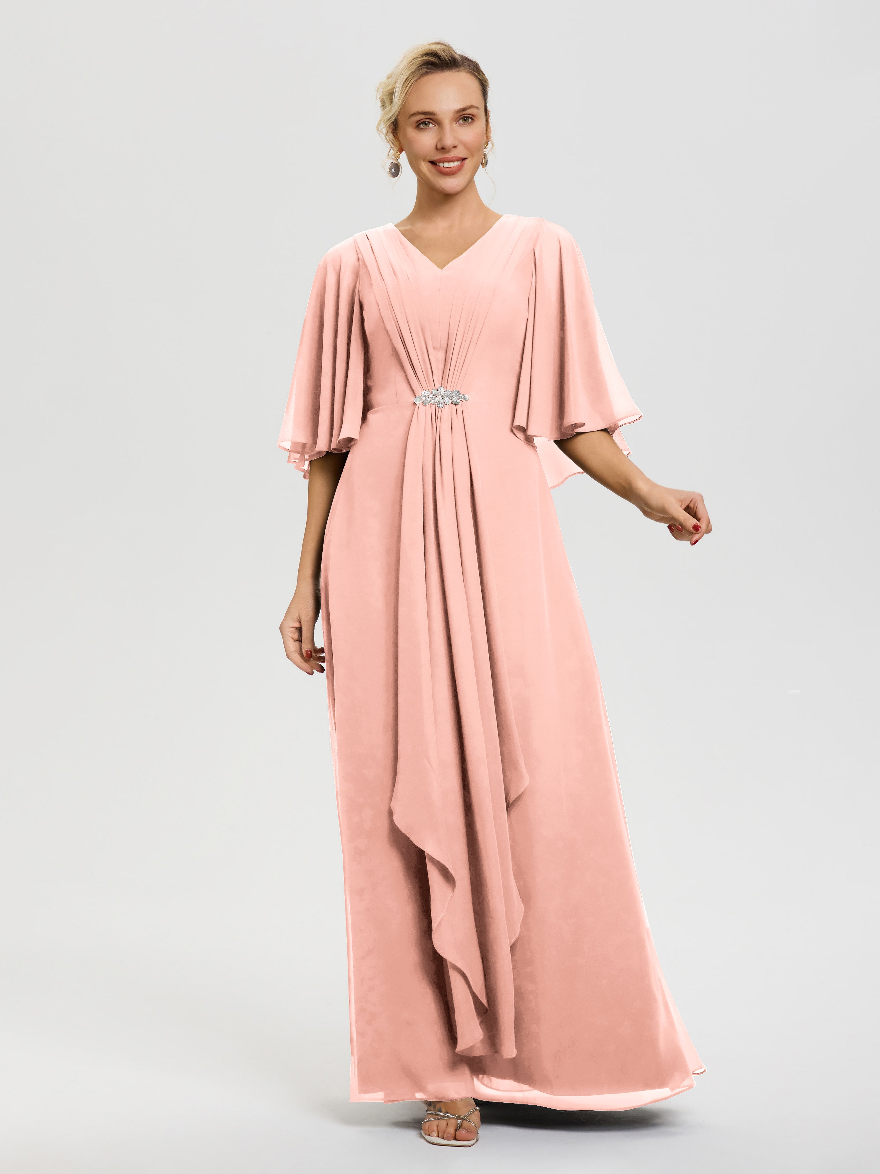 Robe Cérémonie Mariage Mère Du Marié Corail Col-V-Mousseline-Demi-Manches-Robe-De-Mere-Du-Marie