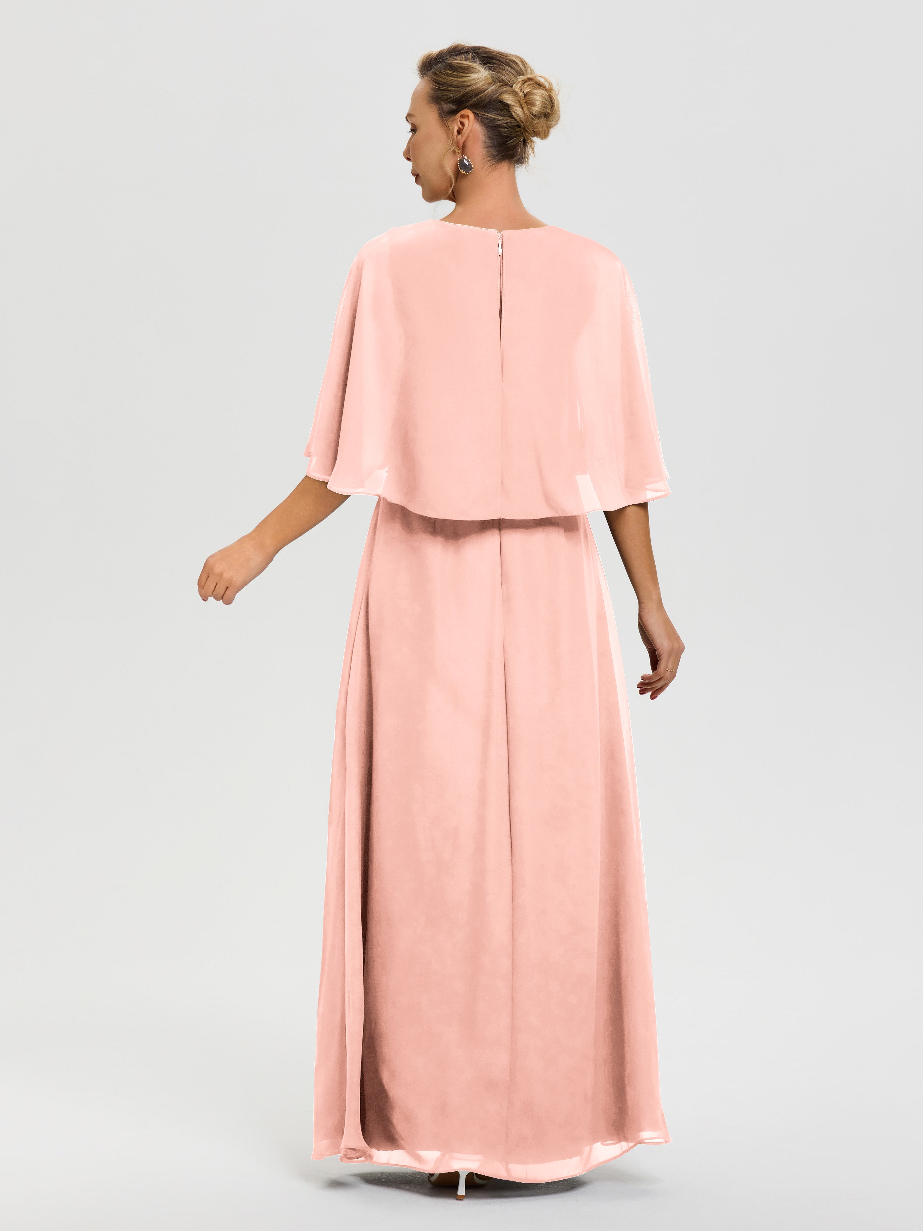 Robe Cérémonie Mariage Mère Du Marié Corail Col-V-Mousseline-Demi-Manches-Robe-De-Mere-Du-Marie