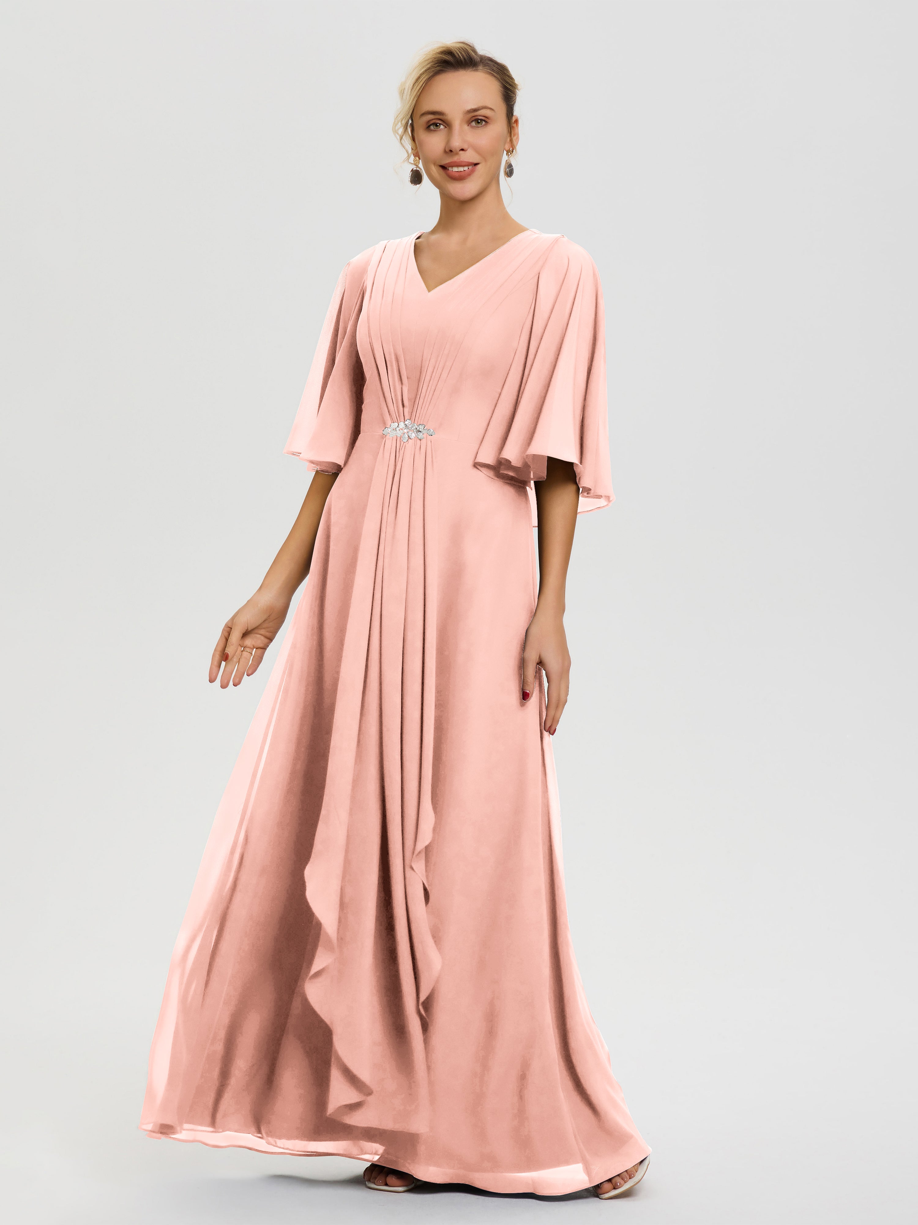 Robe Cérémonie Mariage Mère Du Marié Corail Col-V-Mousseline-Demi-Manches-Robe-De-Mere-Du-Marie