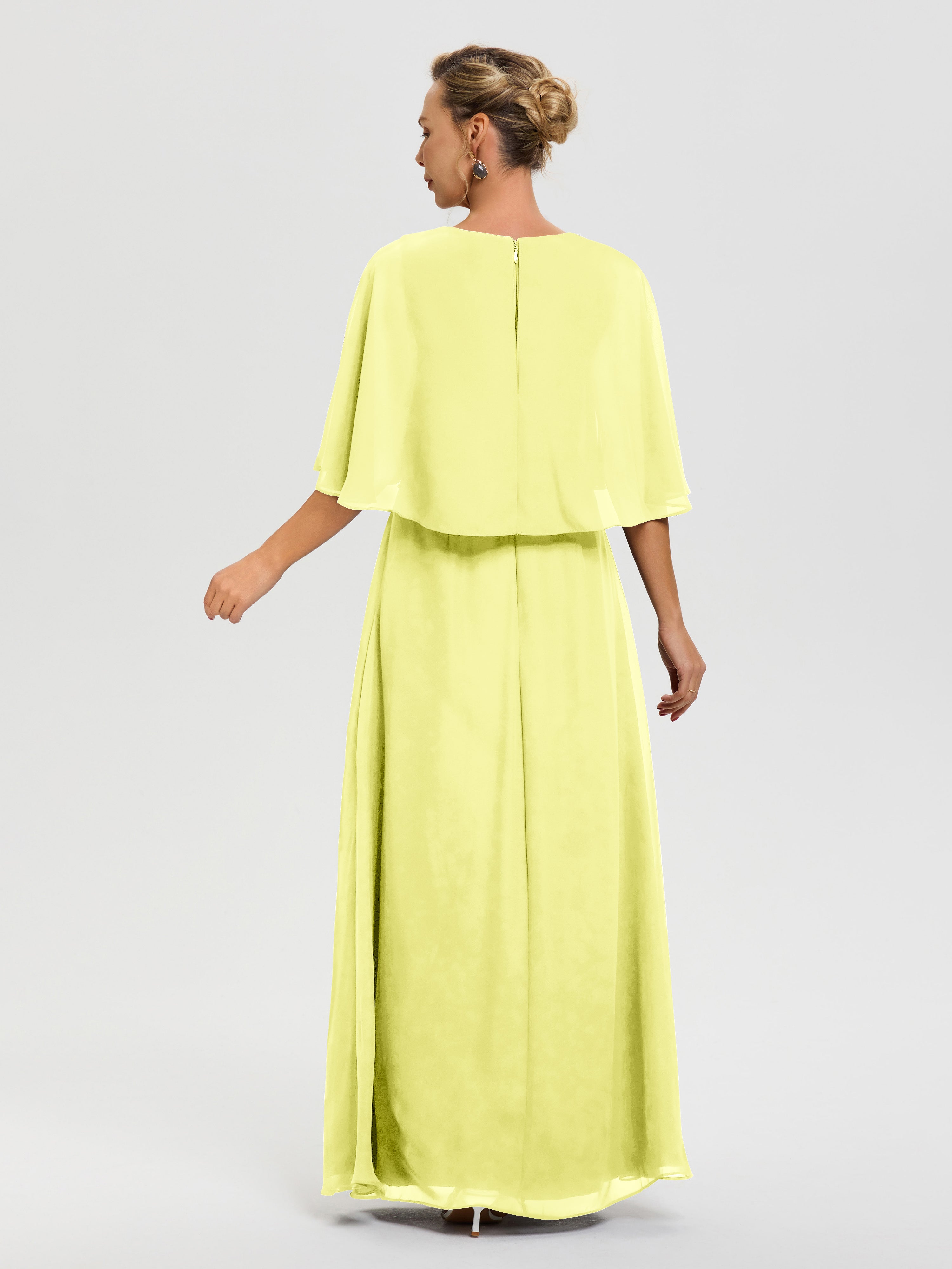 Robe Mariage Mère De La Mariée Jonquille Col V Mousseline Demi Manches Robe De Mère Du Marié