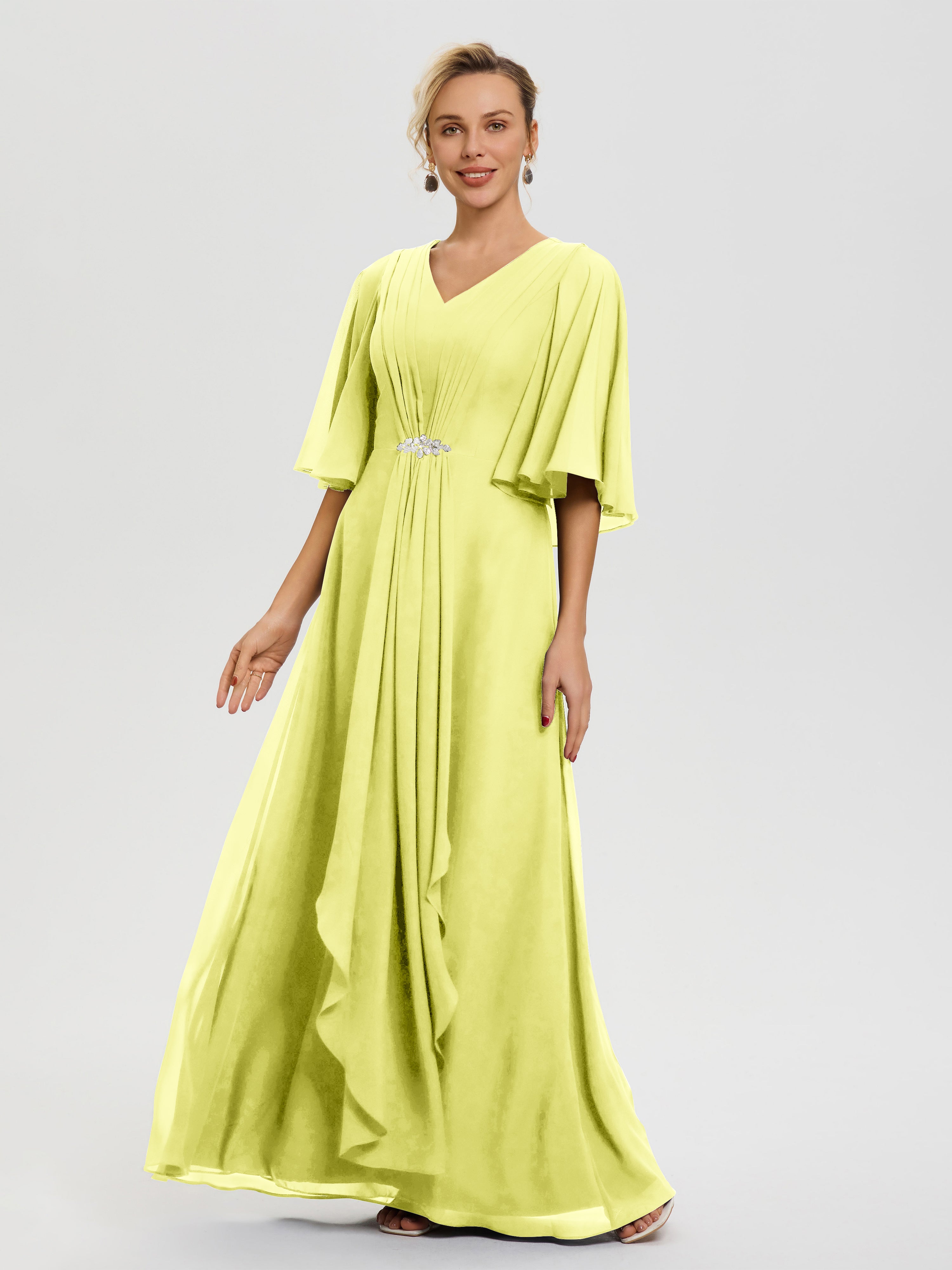 Robe Mariage Mère De La Mariée Jonquille Col V Mousseline Demi Manches Robe De Mère Du Marié