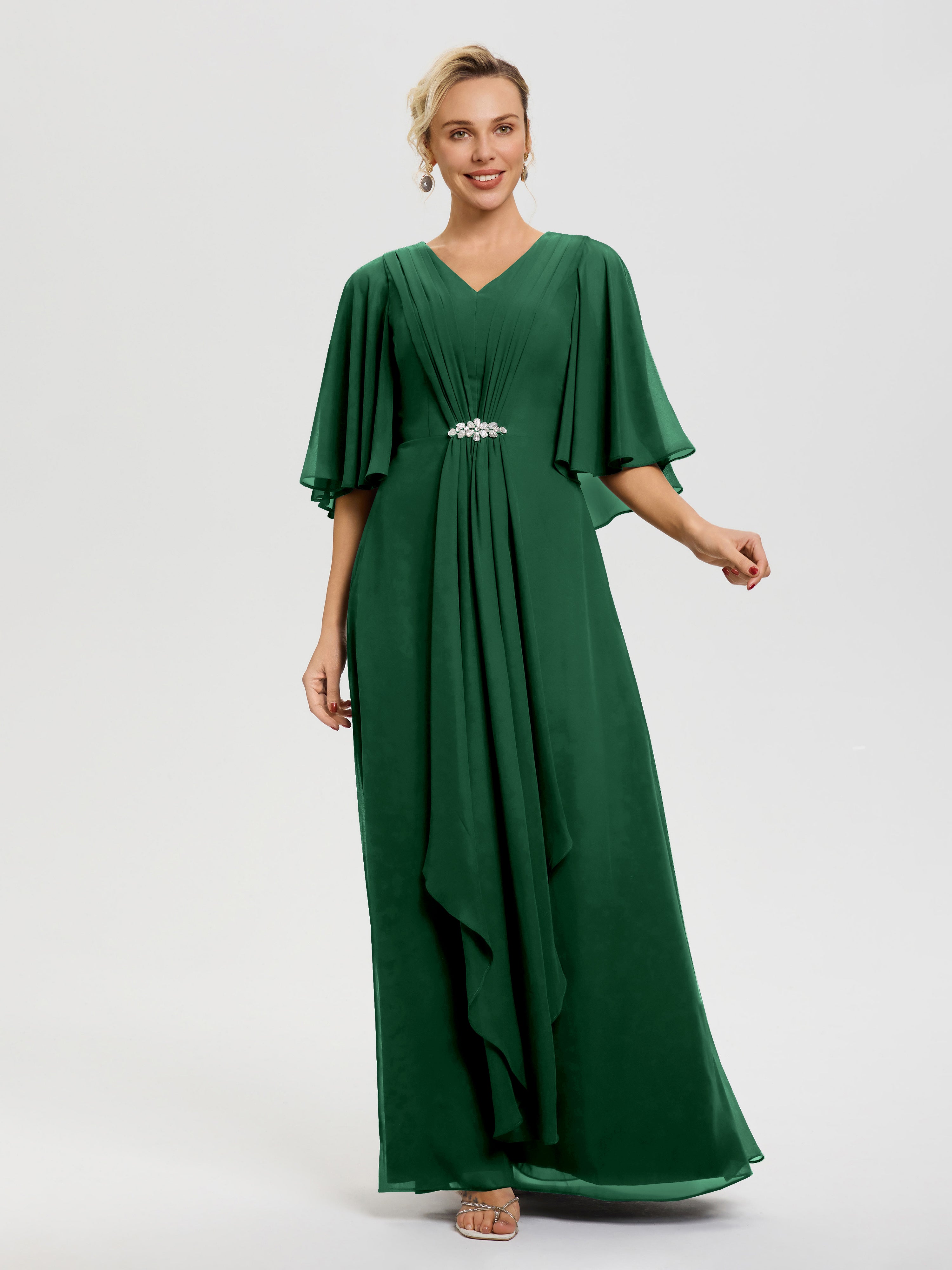 Robe Mère De La Mariée Chic Vert Foncé Col V Mousseline Demi Manches Robe De Mère Du Marié