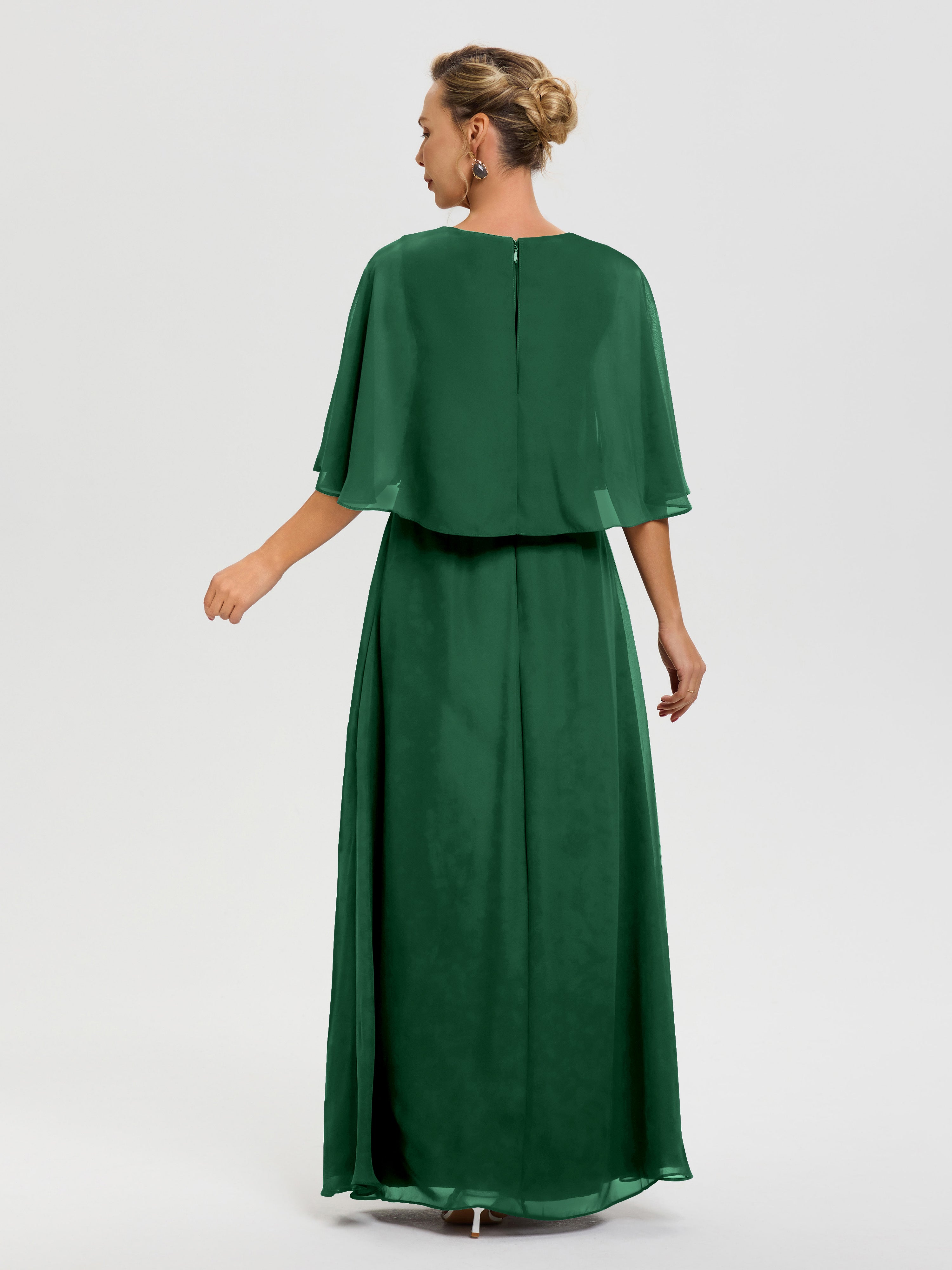 Robe Mère De La Mariée Chic Vert Foncé Col V Mousseline Demi Manches Robe De Mère Du Marié