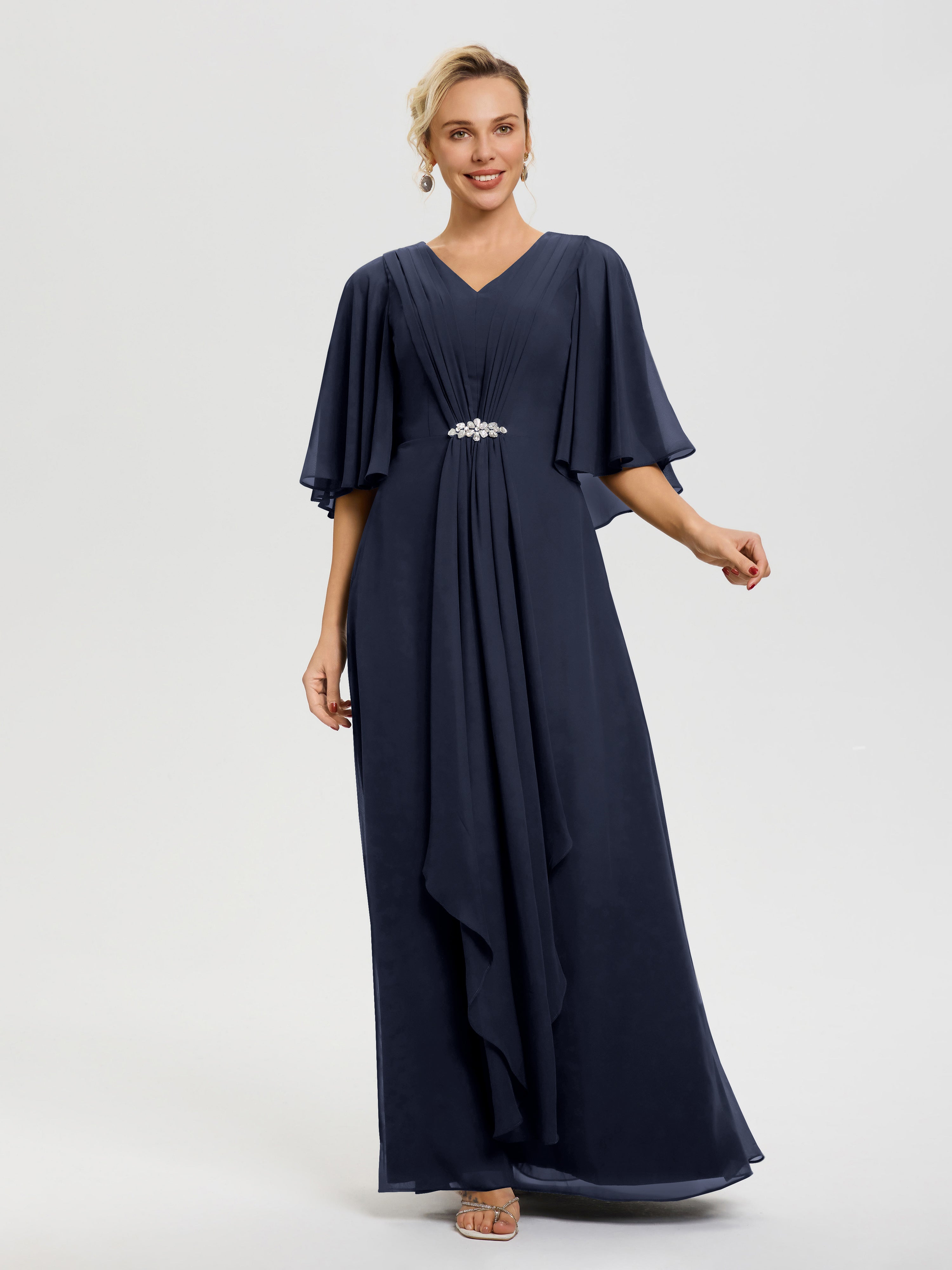 Robe Bleu Marine Mere De La Mariee Col V Mousseline Demi Manches Robe De Mère Du Marié