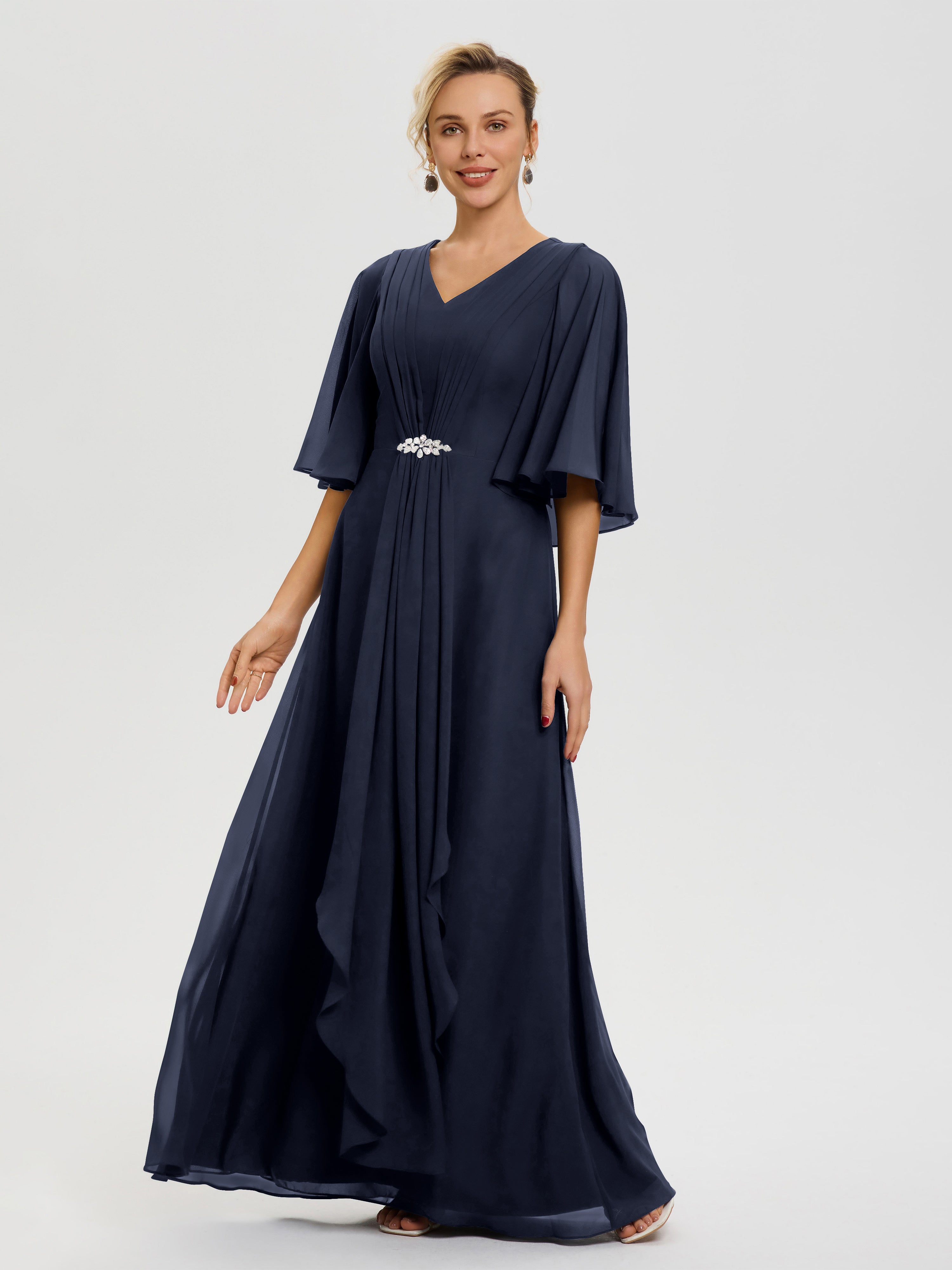 Robe Bleu Marine Mere De La Mariee Col V Mousseline Demi Manches Robe De Mère Du Marié